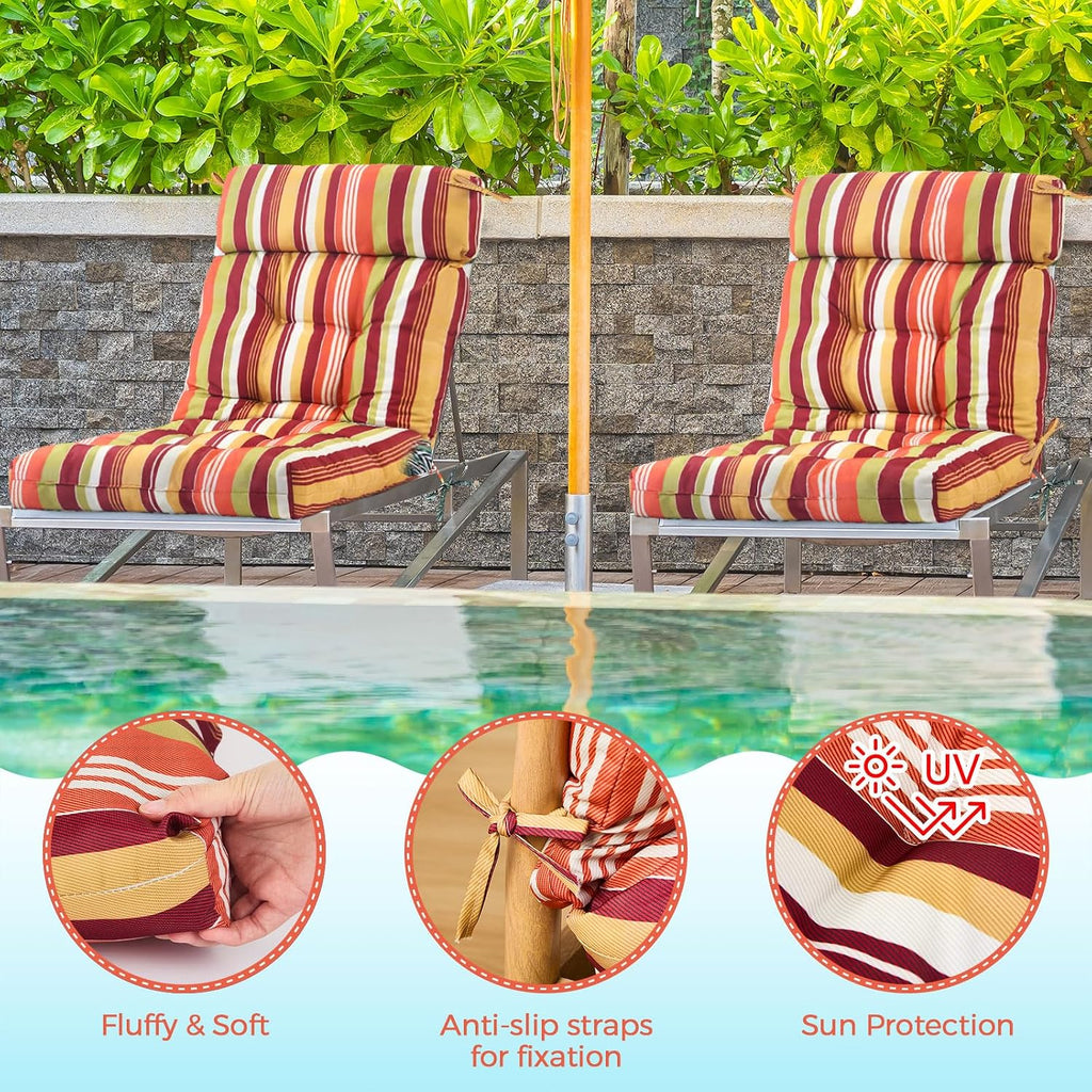 Barydat 4 Pcs Tufted High Back Chair Cushion Indoor Outdoor Seat and Back Cushions Palm Leaves Tropical Plants Lawn Rocking Chair Pads with Ties for Adirondack Patio Garden (Yellow Stripes)