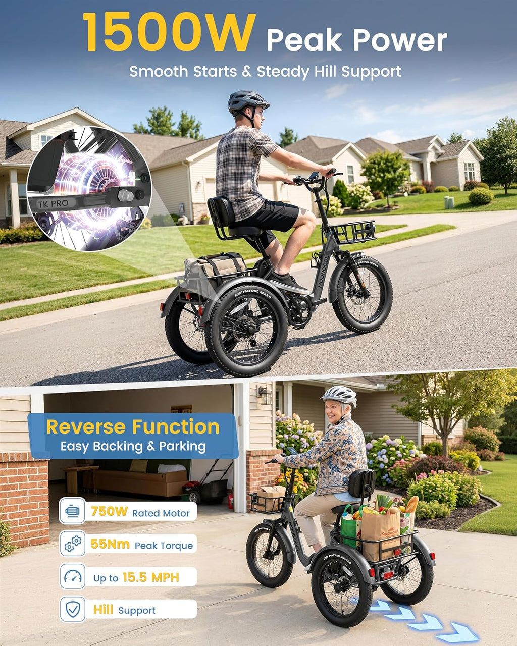 MOONCOOL Electric Trike for Adults, 500W/750W 48V Electric Tricycle for Adults, 20'x3.0' Fat Tire 3 Wheel Electric Bike, Folding Aluminum Adult Tricycle with Removable Battery