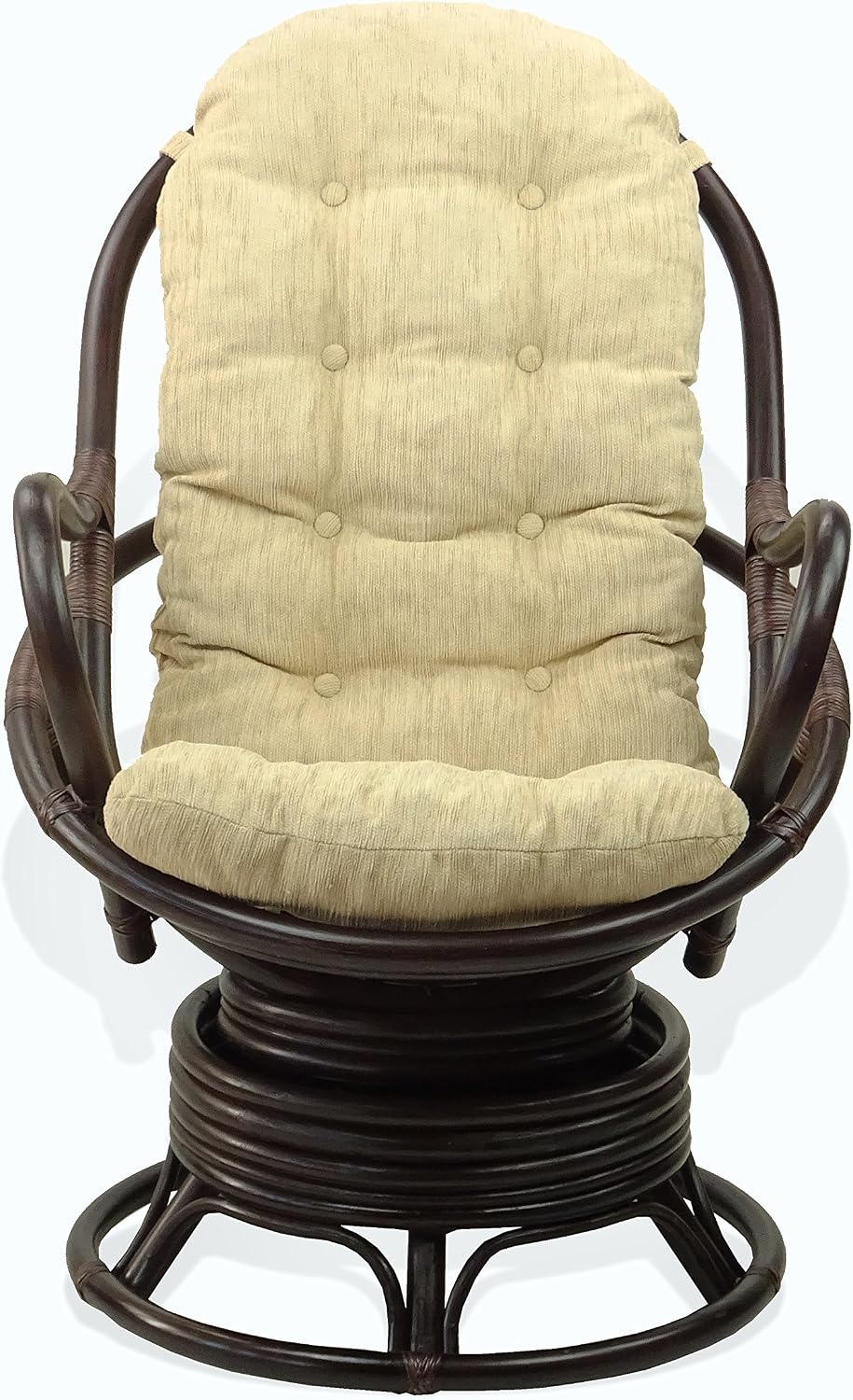 Java Lounge Swivel Rocking Chair with Cream Cushion Natural Rattan Wicker Handmade, Dark Brown Color