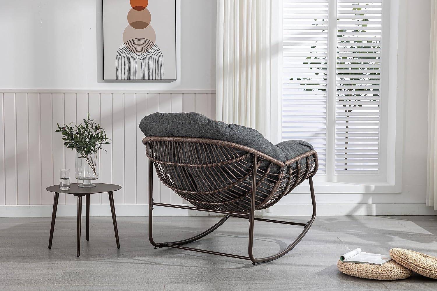 Ball & Cast Outdoor Patio Rocking Chair,Oversized Papasan Egg Chair with E-Coated,Padded Cushion,Recliner Chair for Indoor, Front Porch, Garden, Patio, Backyard,Grey