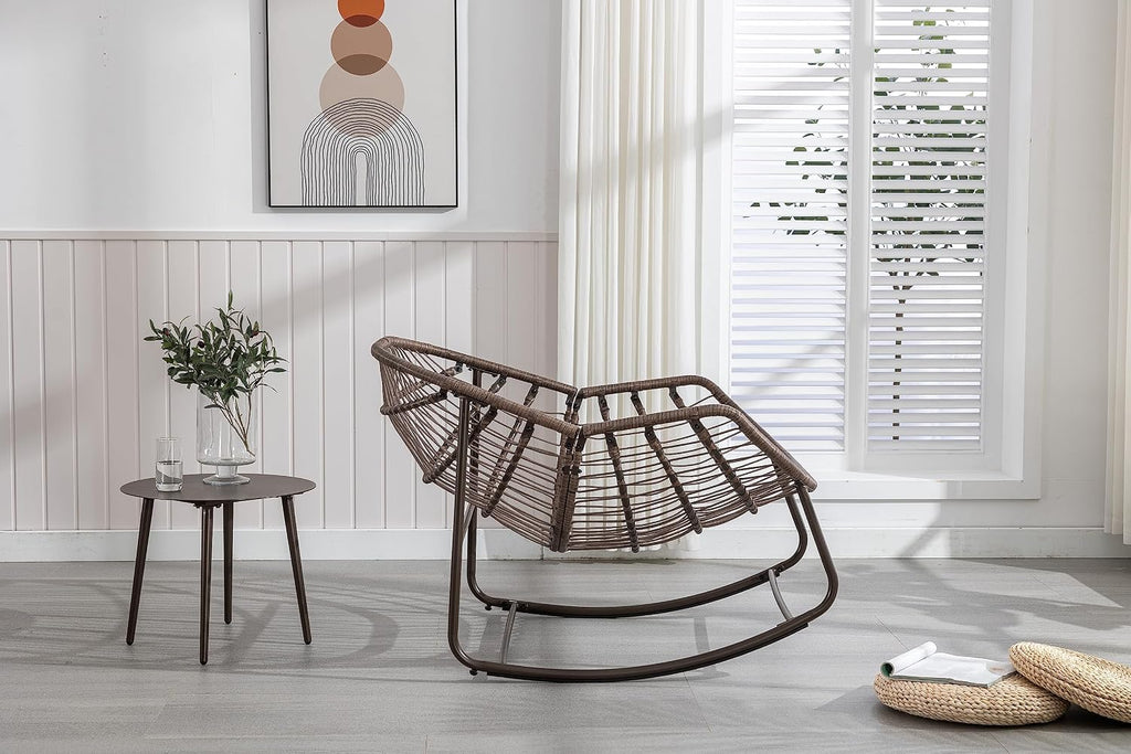 Ball & Cast Outdoor Patio Rocking Chair,Oversized Papasan Egg Chair with E-Coated,Padded Cushion,Recliner Chair for Indoor, Front Porch, Garden, Patio, Backyard,White