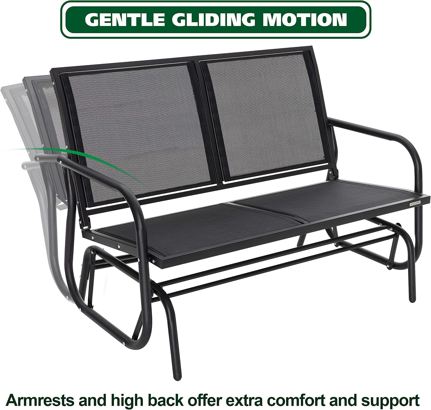 NUU GARDEN Porch Glider Heavy Duty 529 LBS, Iron Patio Glider Chairs Bench, 2-Seater for Backyard, Poolside, Garden, Black