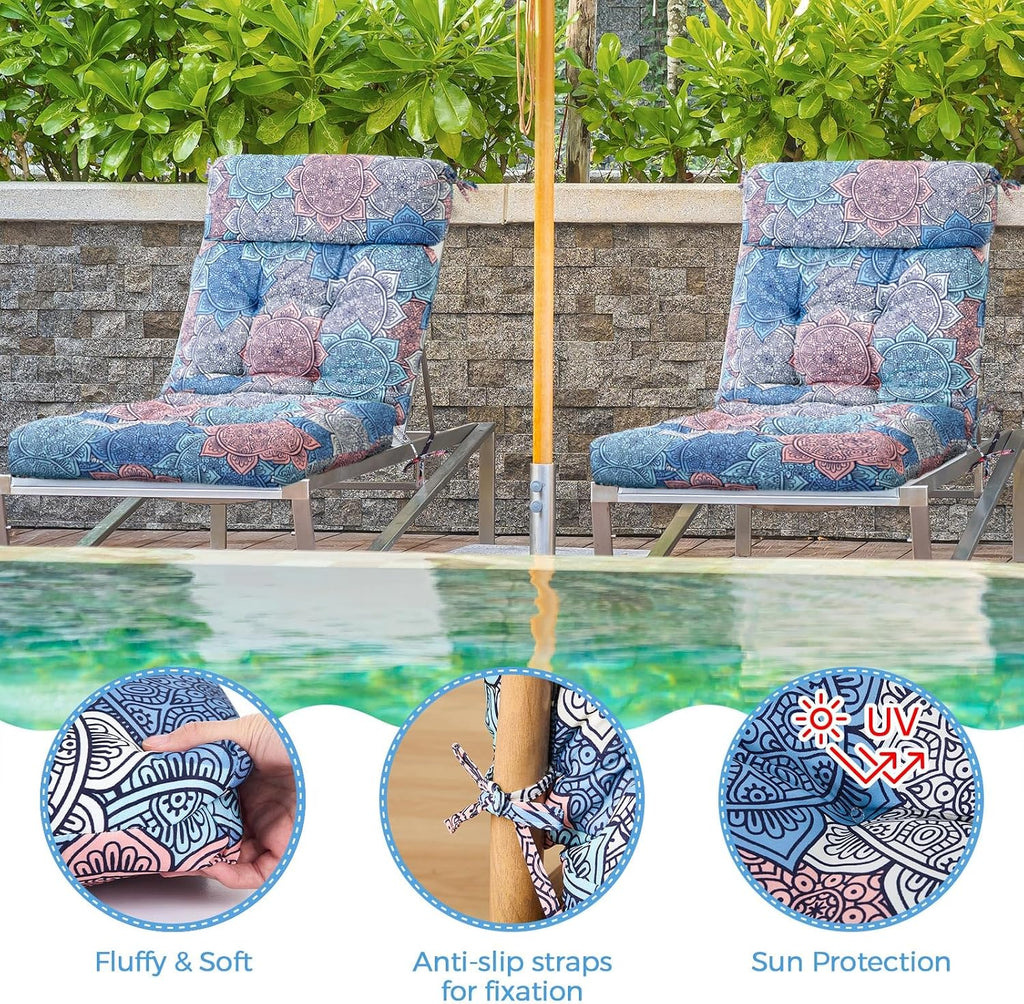 Barydat 4 Pcs Tufted High Back Chair Cushion Indoor Outdoor Seat and Back Cushions Palm Leaves Tropical Plants Lawn Rocking Chair Pads with Ties for Adirondack Patio Garden(Blue Flower)