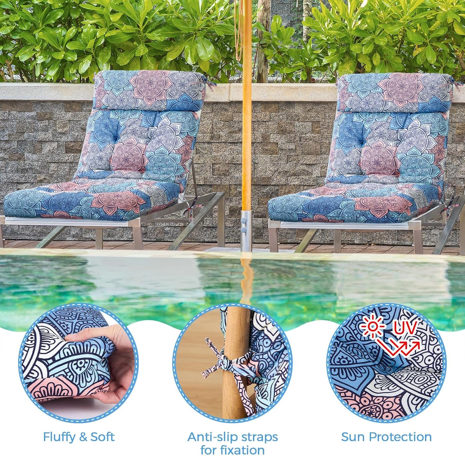 Barydat 4 Pcs Tufted High Back Chair Cushion Indoor Outdoor Seat and Back Cushions Palm Leaves Tropical Plants Lawn Rocking Chair Pads with Ties for Adirondack Patio Garden(Blue Flower)