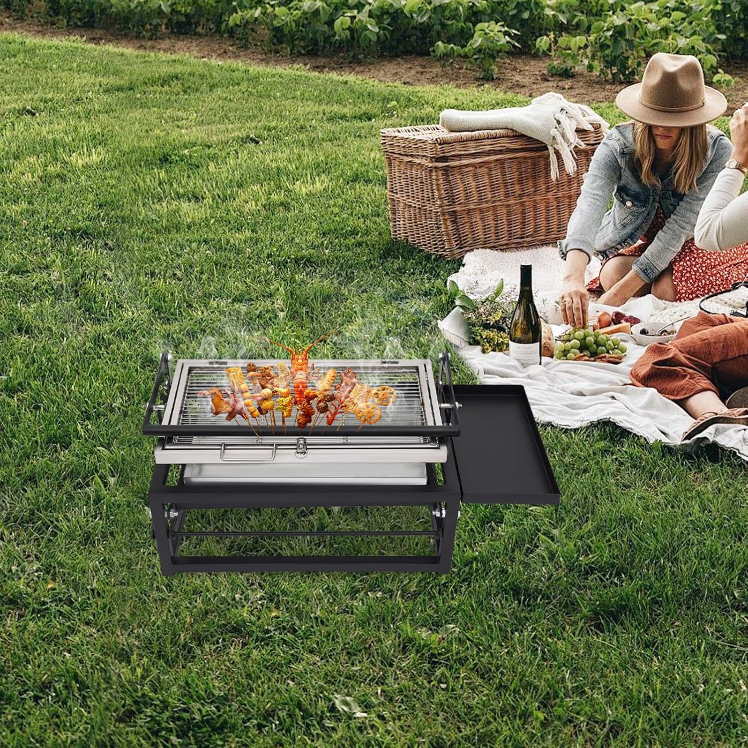 360° Rotating Charcoal Grill with Removable Legs - Portable BBQ Grill for Outdoor Camping, Backyard & Tailgating, Adjustable Height, 2 Lockable Wheels & Side Tray, Easy to Clean & Assemble