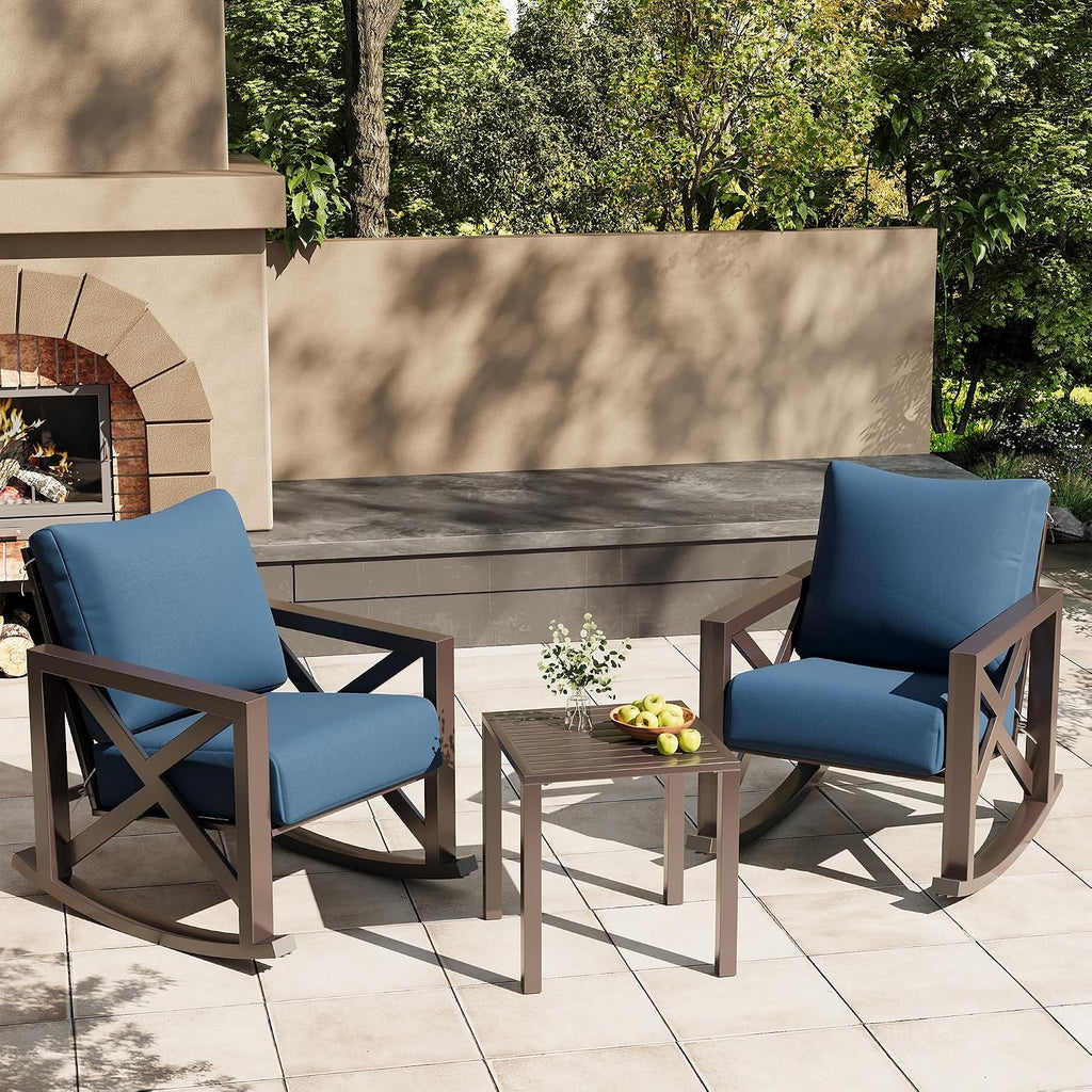 UDPATIO Rocking Chair Outdoor Set 2 with Coffee Table, 3 Piece Metal Rocking Bistro Set with 6.5' Water-Resistant Cushions, Oversized, 350lbs Heavy-Duty, for Porch, Patio, Balcony, Navy