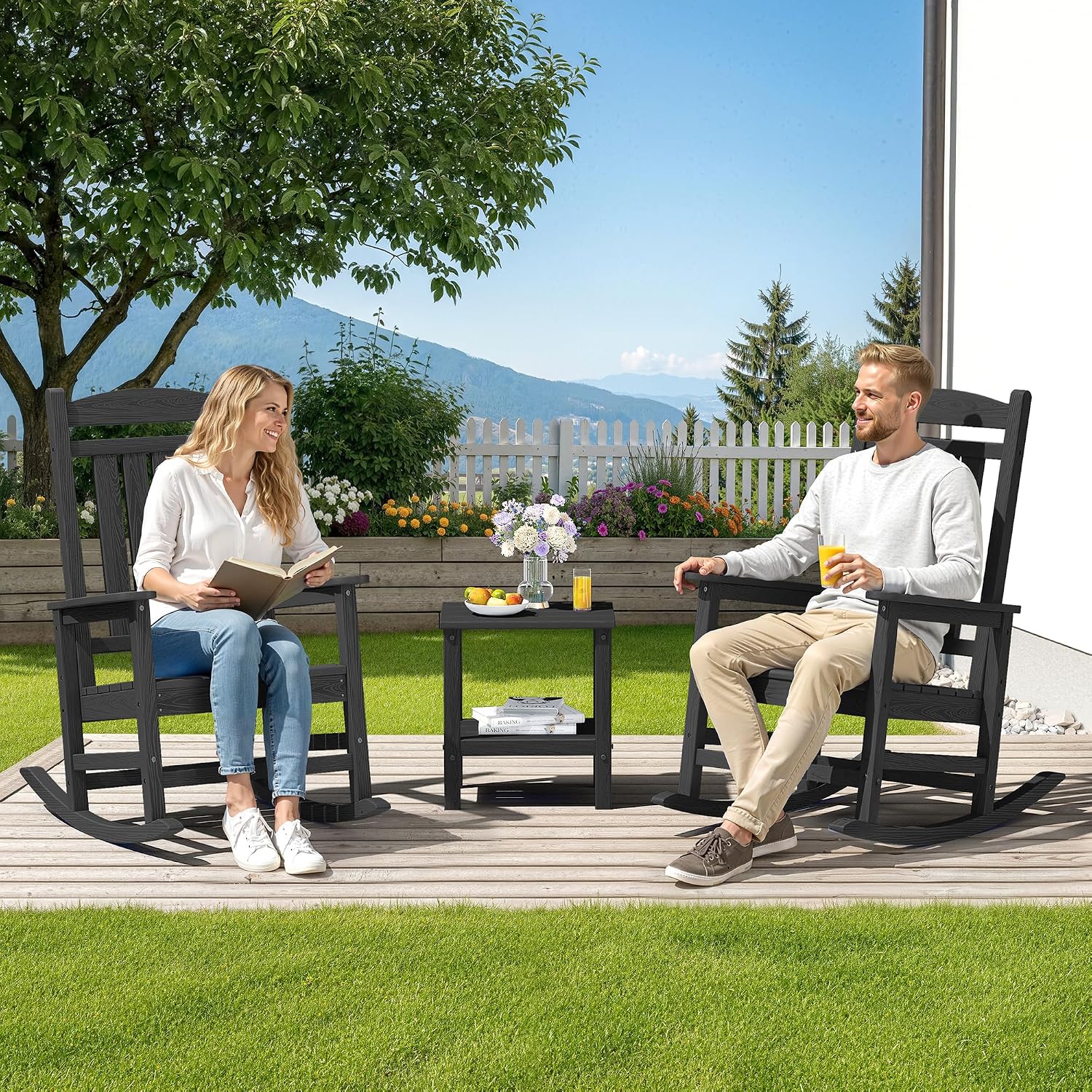 SERWALL Oversized HDPE Outdoor Rocking Chair Set of 6, Patio Rocking Chairs, All-Weather Porch Rockers for Adults, Black