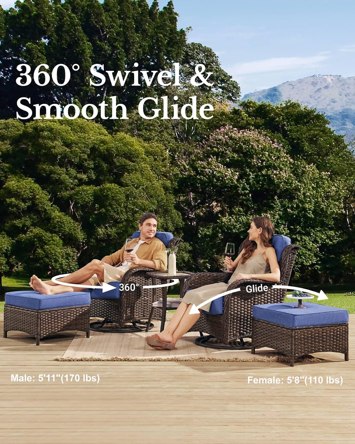 HILLGA Luxury Outdoor Swivel Rocker Patio Chairs of 2 with 6 Inch Thick Cushions and Side Table, Swivel Outdoor Chairs 5PCS High Back Wicker Patio Furniture Set for Porch, Balcony, Deck in Blue