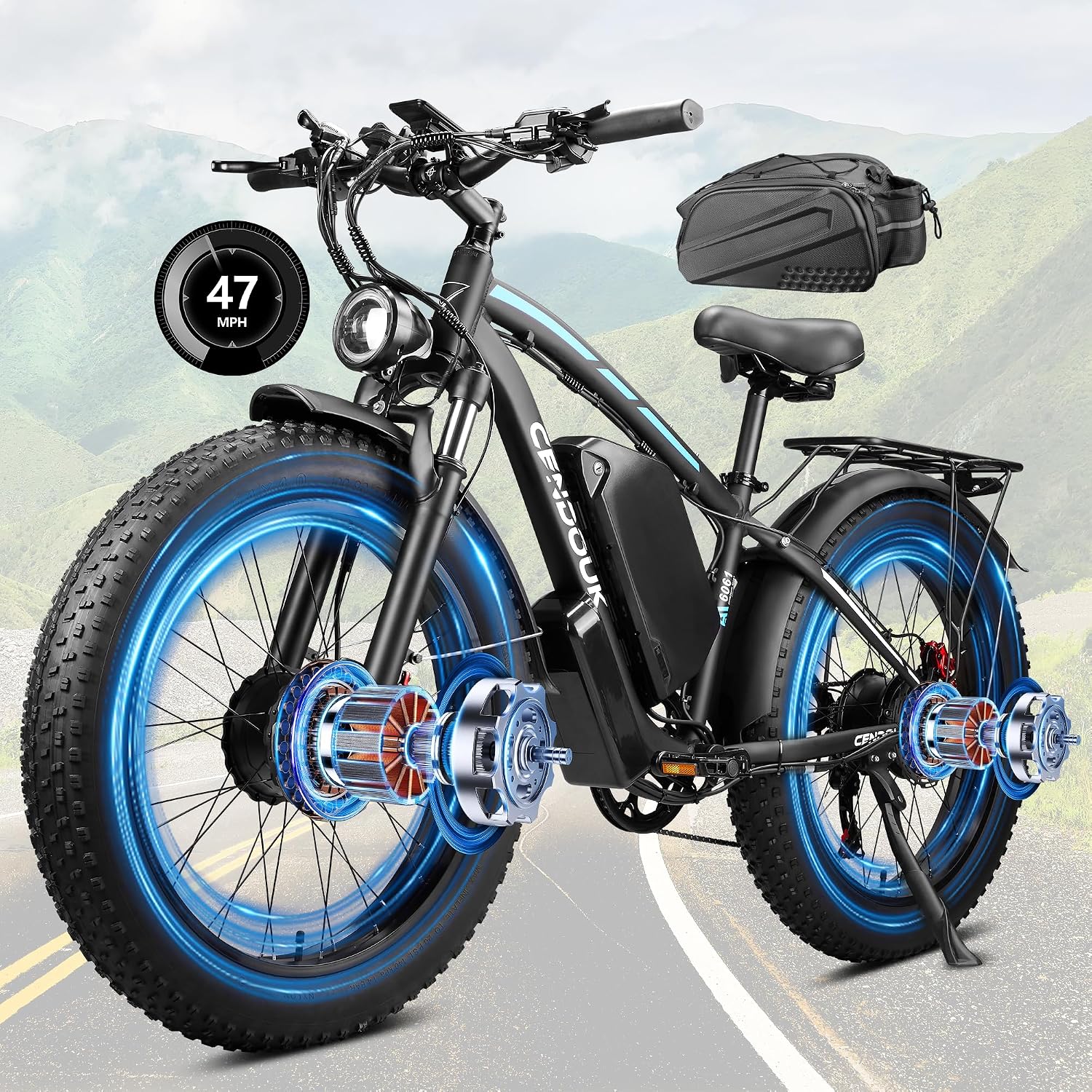 Upgraded Peak 8000W Ebike for Adults Dual Motor Electric Bike - 220NM 47MPH 24' Fat Tire Bike with 58V Max-Output 36AH Certified Battery LCD Display Electric Bike -Blue