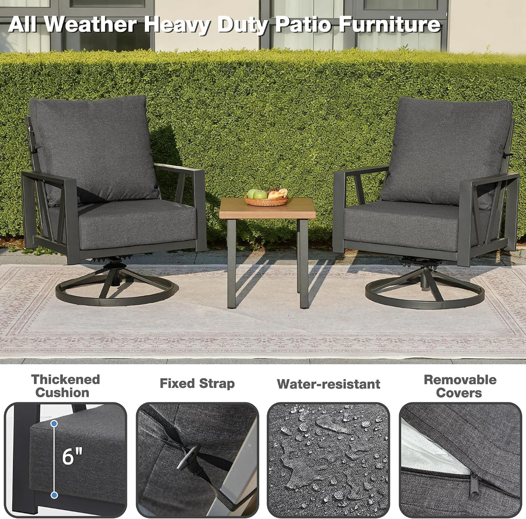 Outdoor Patio Swivel Rocking Chairs Set, Patio Porch Furniture with 6' Thick Cushions, 3 Pieces Outdoor Bistro Set with Coffee Table for Balcony, 350lbs, Dark Grey