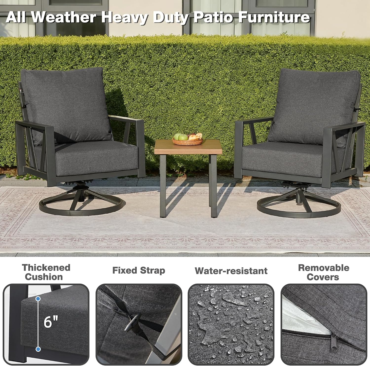 Outdoor Patio Swivel Rocking Chairs Set, Patio Porch Furniture with 6' Thick Cushions, 3 Pieces Outdoor Bistro Set with Coffee Table for Balcony, 350lbs, Dark Grey