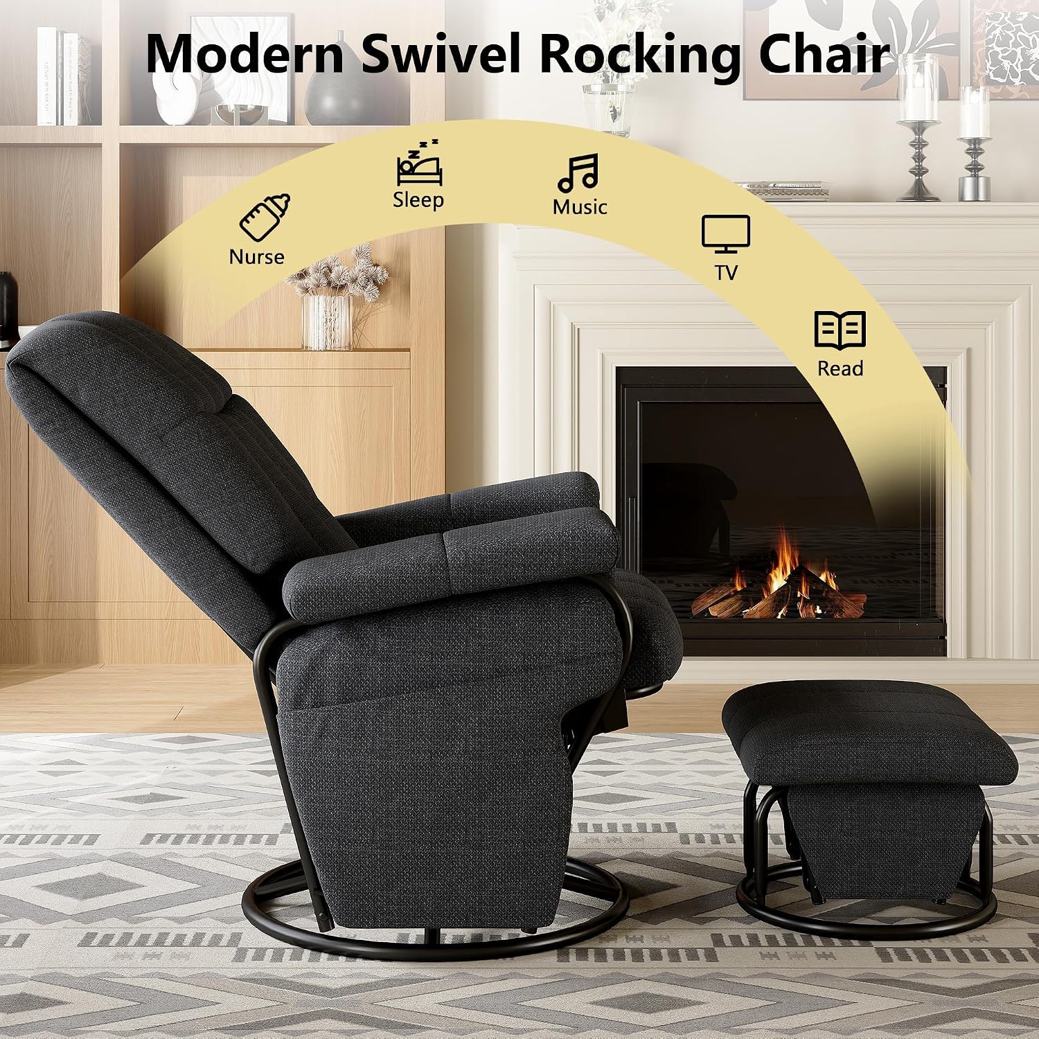 AODAILIHB 360° Swivel Glider Recliner with Ottoman, Nursing Glider Rocking Chair with Foot Rest & 2 Side Pockets for Nursery, Living Room, Bedroom, Office, Grey