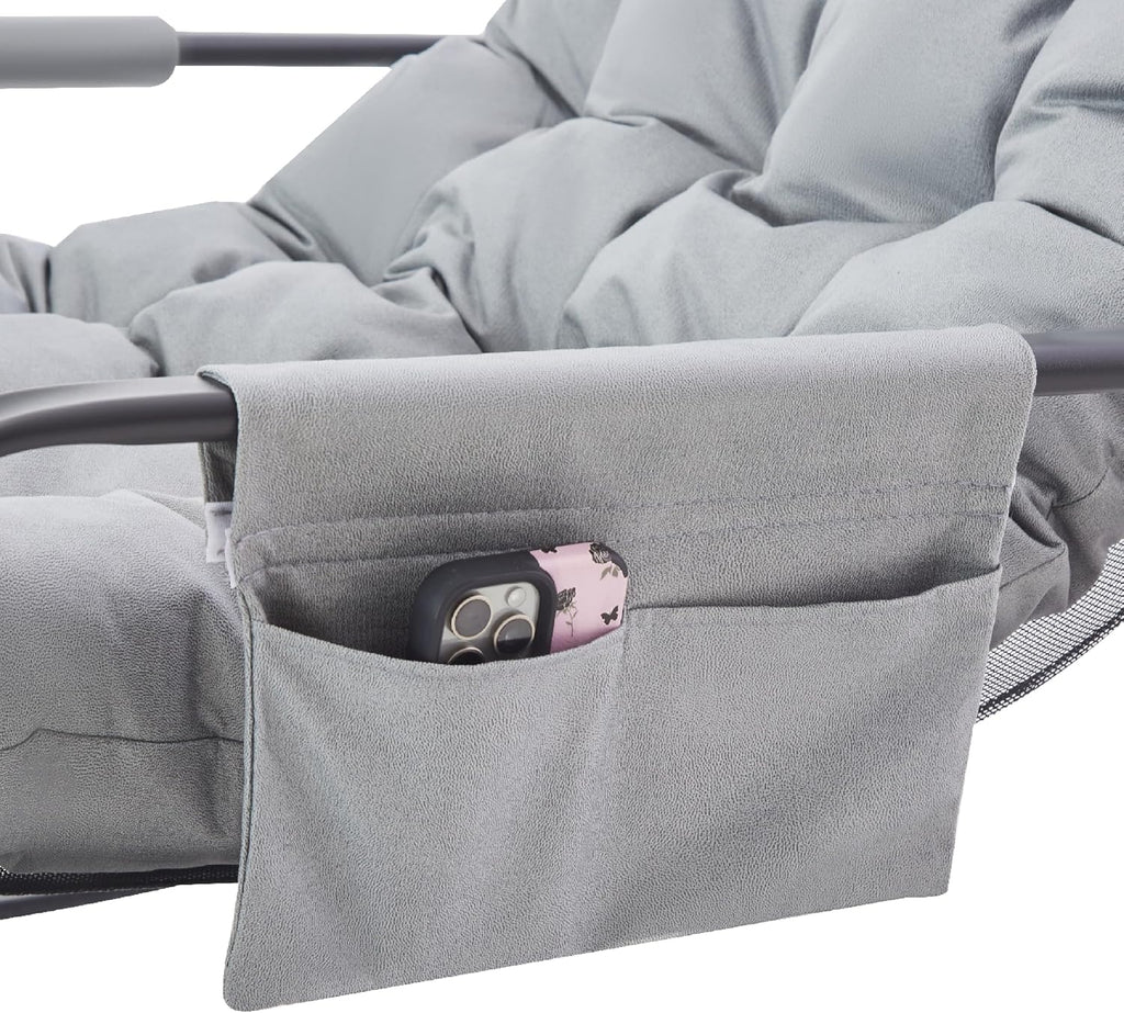KEIKI PU Rocking Chair Outdoor/Indoor-Reading Papasan Lounge Chair with Storage, Rocker Egg Chair W/Iron Frame, Patio Porch Furniture-Waterproof Cushion Gliding Chairs for Bedroom/Garden/Lawn, Gray