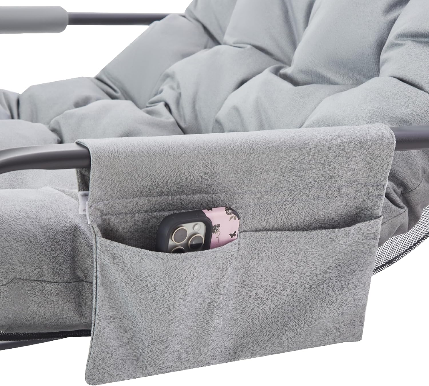 KEIKI PU Rocking Chair Outdoor/Indoor-Reading Papasan Lounge Chair with Storage, Rocker Egg Chair W/Iron Frame, Patio Porch Furniture-Waterproof Cushion Gliding Chairs for Bedroom/Garden/Lawn, Gray