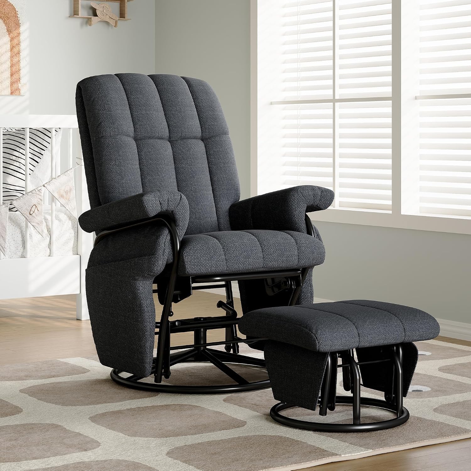AODAILIHB 360° Swivel Glider Recliner with Ottoman, Nursing Glider Rocking Chair with Foot Rest & 2 Side Pockets for Nursery, Living Room, Bedroom, Office, Grey