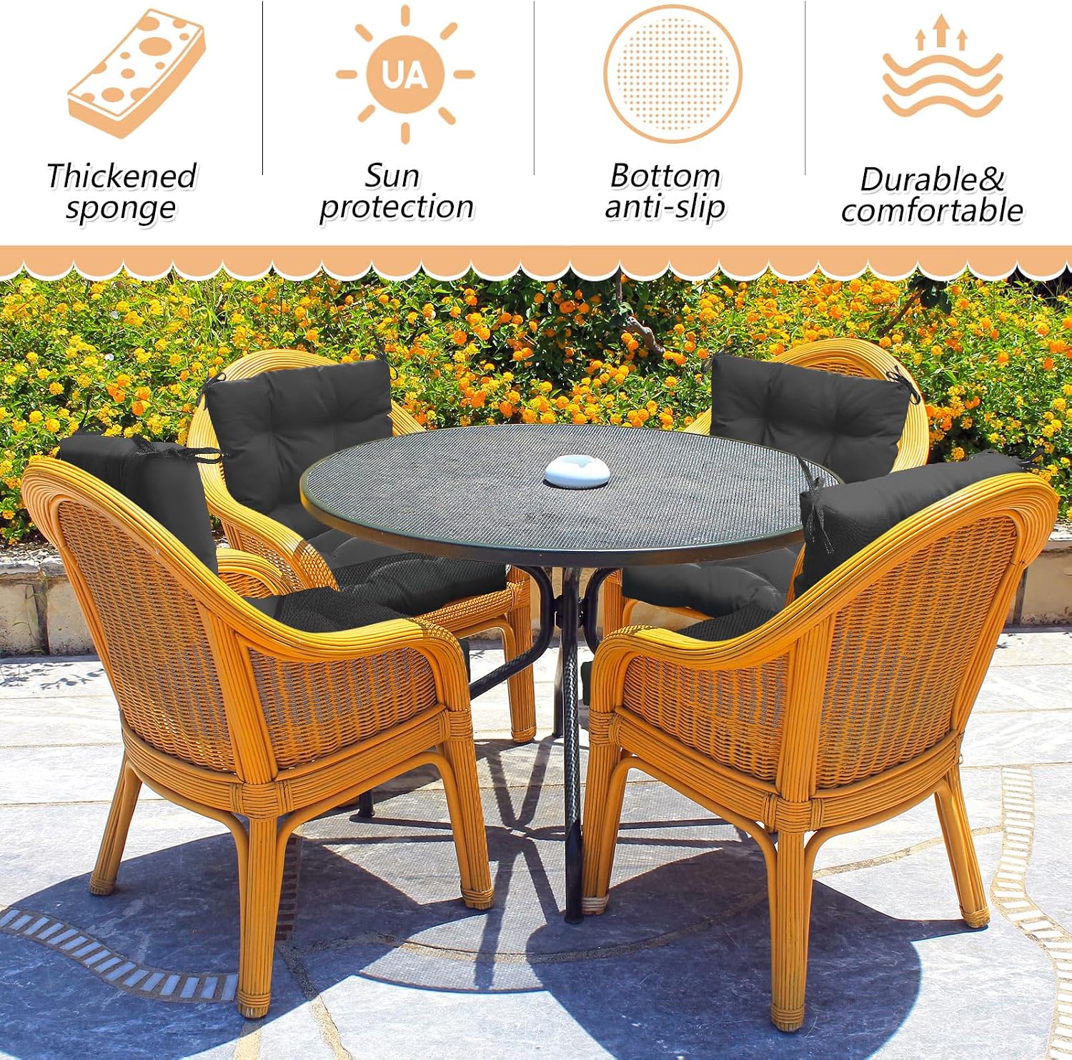 Marsui 6 Pcs Outdoor Indoor High Back Chair Cushions Patio Furniture Tufted Pillow with Ties Water-Resistant Replacement Outdoor Rocking Chair Cushions, 42 x 21 Inches (Black,Solid Color)