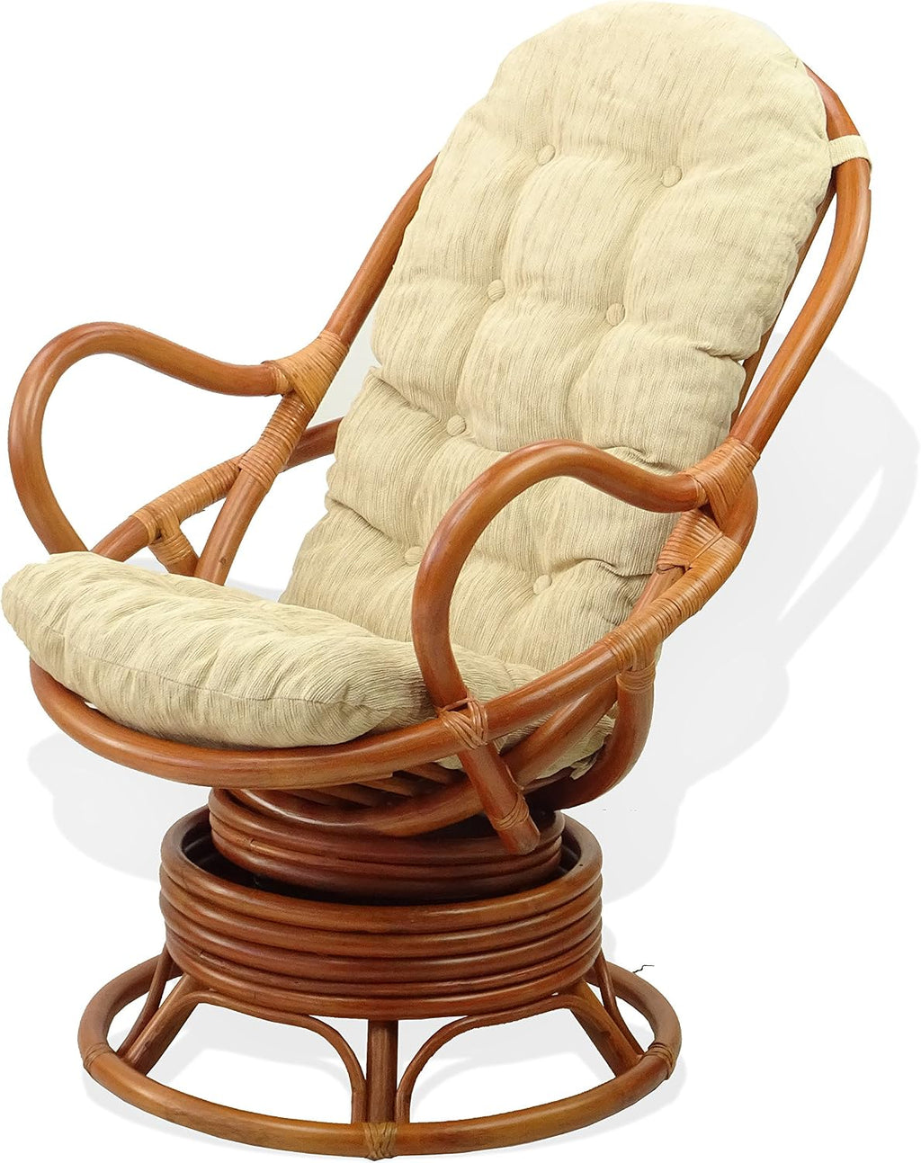Java Lounge Swivel Rocking Chair with Cream Cushion Natural Rattan Wicker Handmade, Colonial Color