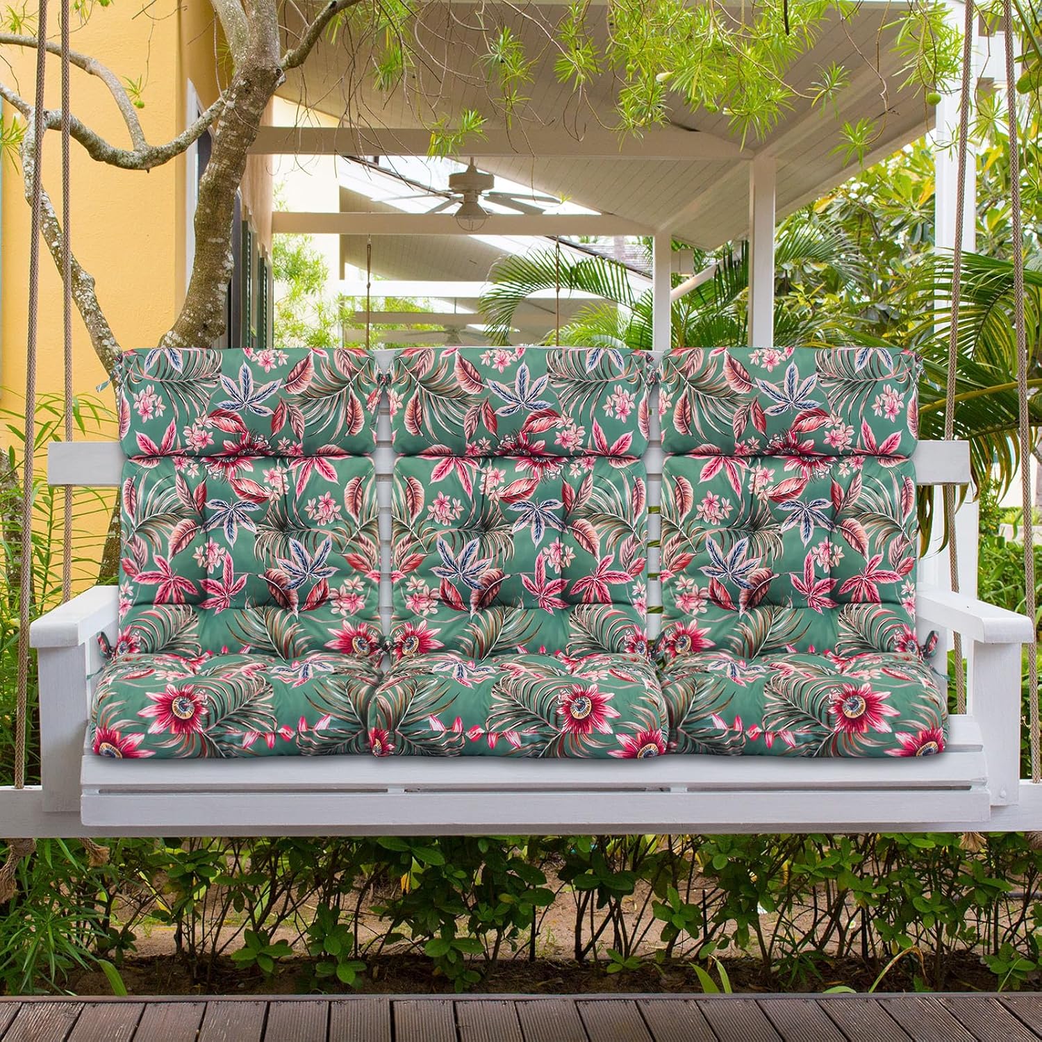 Barydat 4 Pcs Tufted High Back Chair Cushion Indoor Outdoor Seat and Back Cushions Palm Leaves Tropical Plants Lawn Rocking Chair Pads with Ties for Adirondack Patio Garden (Green Flower)