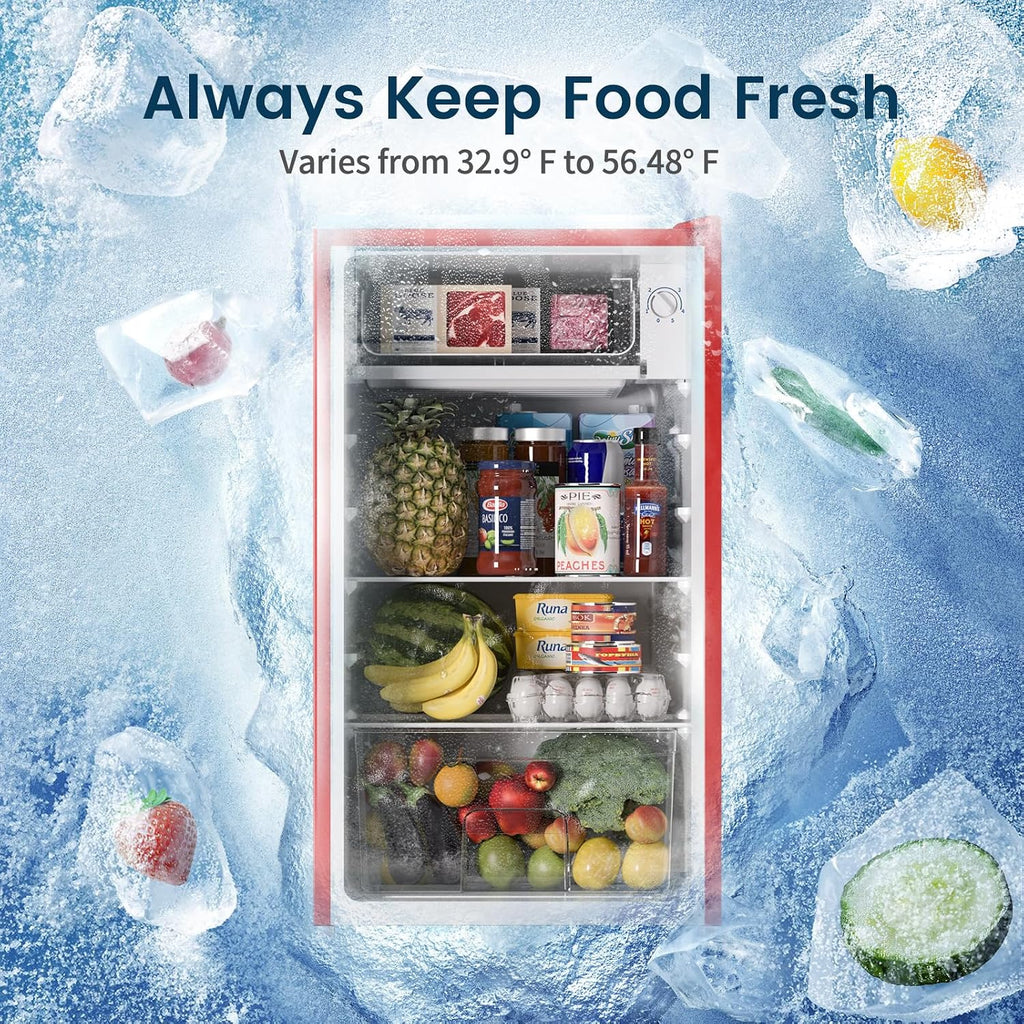 BANGSON Mini Fridge with Freezer, 3.2Cu.Ft, Single Door Small Refrigerator, Energy-efficient, Low Noise, Mini fridge for Bedroom Dorm and Office, Red