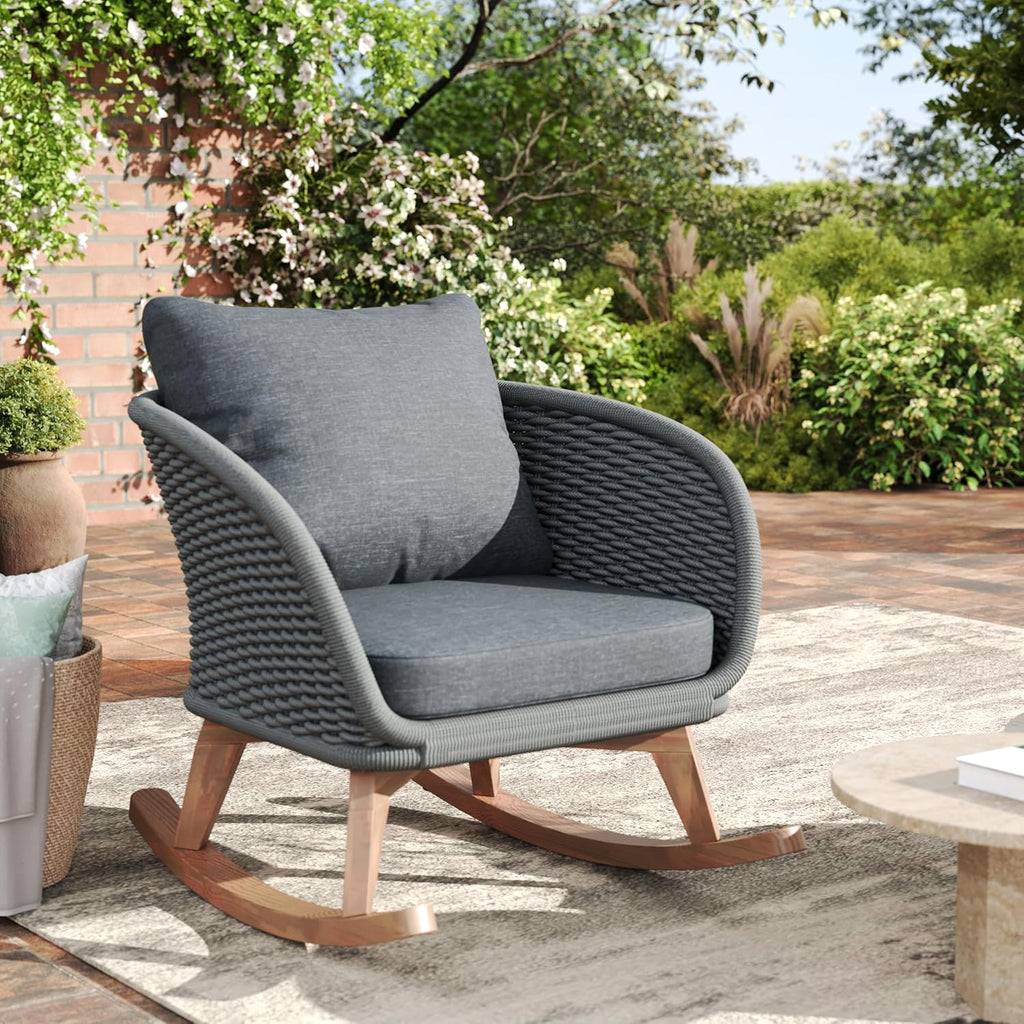 Christopher Knight Home Yusi Wooden Frame Rocking Chair Outdoor, Wicker Rocker Chair with Soft Cushions, Contemporary Patio Rockers, Rocking Accent Chair for Indoor/Outdoor, Gray + Natural