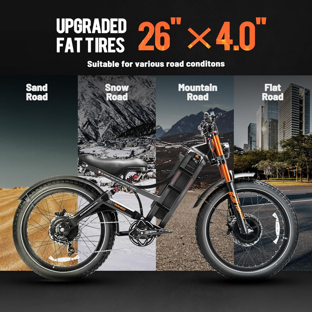 eAhora 2026 Romeo Pro 3/2 50-46Mph Electric Bike for Adults 5600W/4000W/2500W Dual Motor Ebike 60V/80Ah 52V/70Ah Long Range Fat Tire Full Suspension Electric Mountain Bicycle