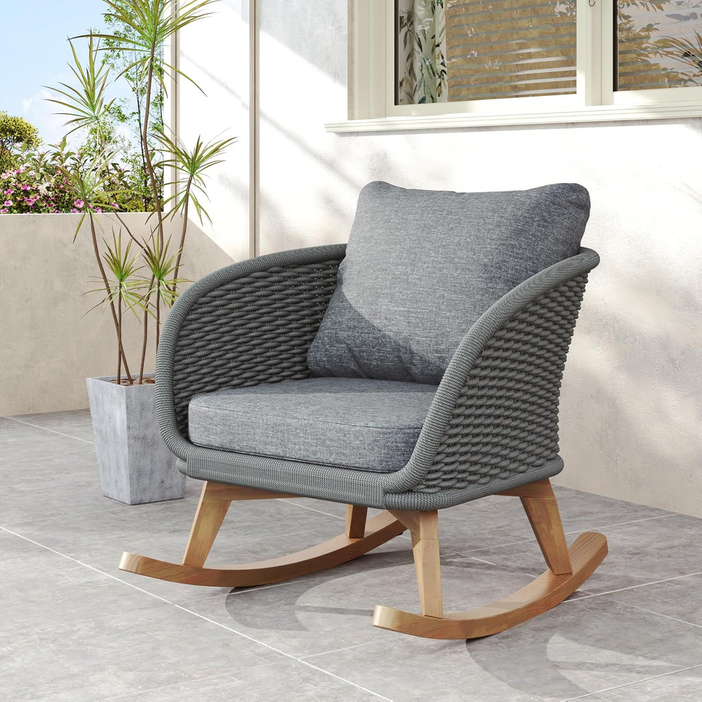 Christopher Knight Home Yusi Wooden Frame Rocking Chair Outdoor, Wicker Rocker Chair with Soft Cushions, Contemporary Patio Rockers, Rocking Accent Chair for Indoor/Outdoor, Gray + Natural