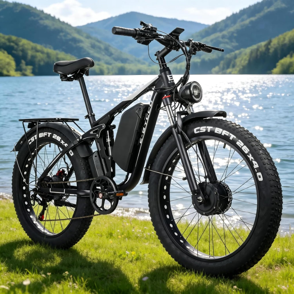 6000W Peak Electric Bike for Adults, 52V 32AH Dual Motor E-Bike, Up to 90Mile & 45 M P H All-Terrain Fat Tires Full Suspension 24/26 Inch Electric Bicycles Hydraulic Disc Brake for Road UL2849 by SGS