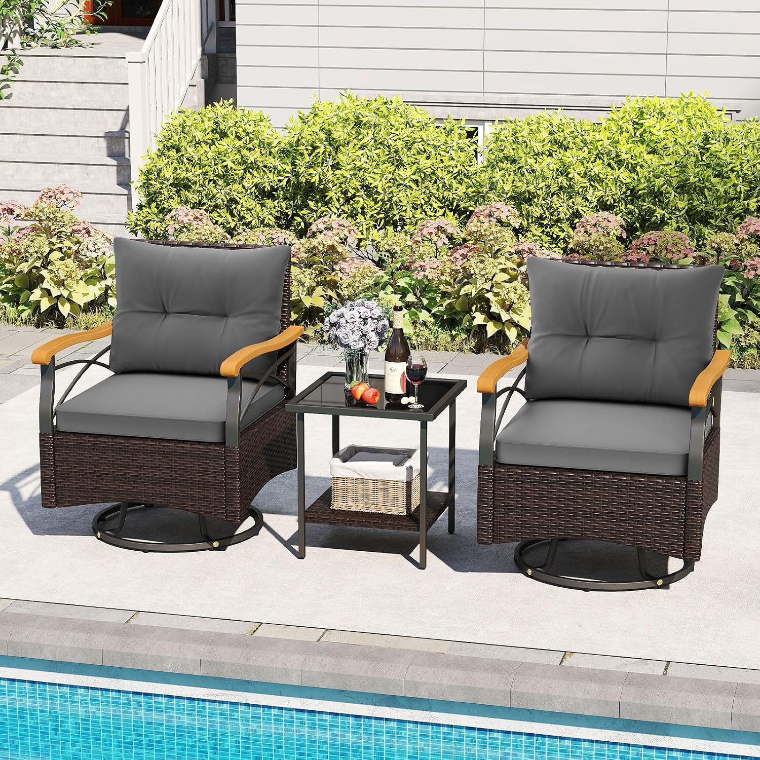 Tangkula 3 Piece Outdoor Swivel Chair Set, Patio Wicker Rotating Cushioned Chairs with 2-Tier Tempered Glass Side Table, for Porch, Yard, Balcony, Garden