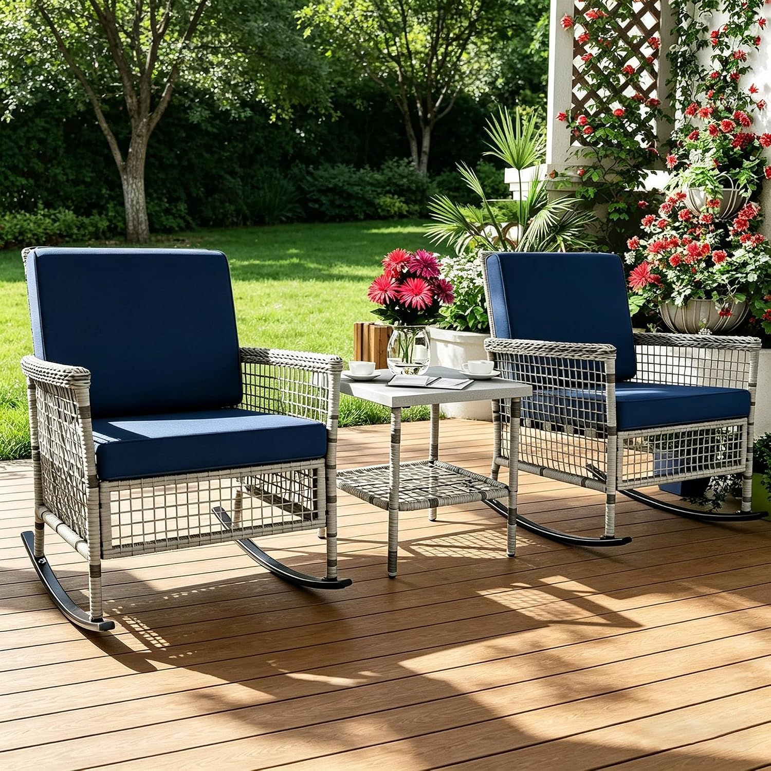 DECMICO 3-Piece Wicker Rocking Chair Set, Patio Bistro Furniture with Cushions & Side Table, Rattan Outdoor Conversation Bistro Set for Outdoor Use, Gray Rattan Navy Cushion