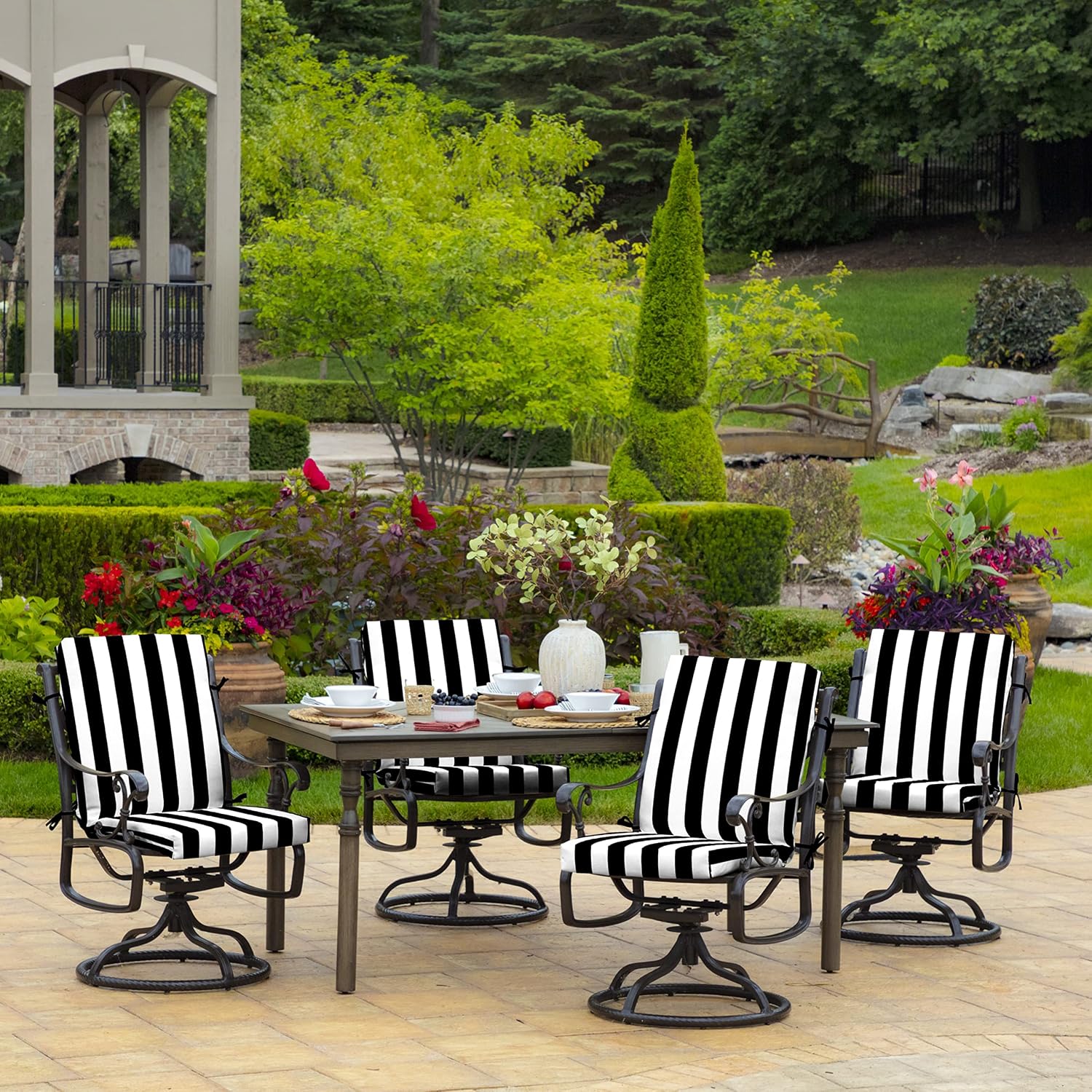 Arden 4-Pack Outdoor Patio Dining Chair Cushion, 20x44, Rain-Proof Seat Pad, Fade-Resistant Outdoor Cushion Black Cabana Stripe