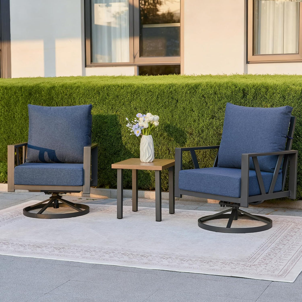 Outdoor Patio Swivel Rocking Chairs Set, Patio Porch Furniture with 6' Thick Cushions, 3 Pieces Outdoor Bistro Set with Coffee Table for Balcony, 350lbs, Blue