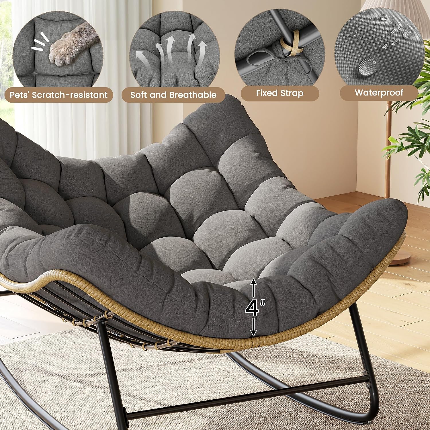 UDPATIO Outdoor Papasan Rocking Chair Set 2, Wicker Papasan Lounge Chair with Thickened Water-Resistant Cushion & Anti-Slip Bar, for Porch, Balcony, Patio or Indoor, Dark Grey