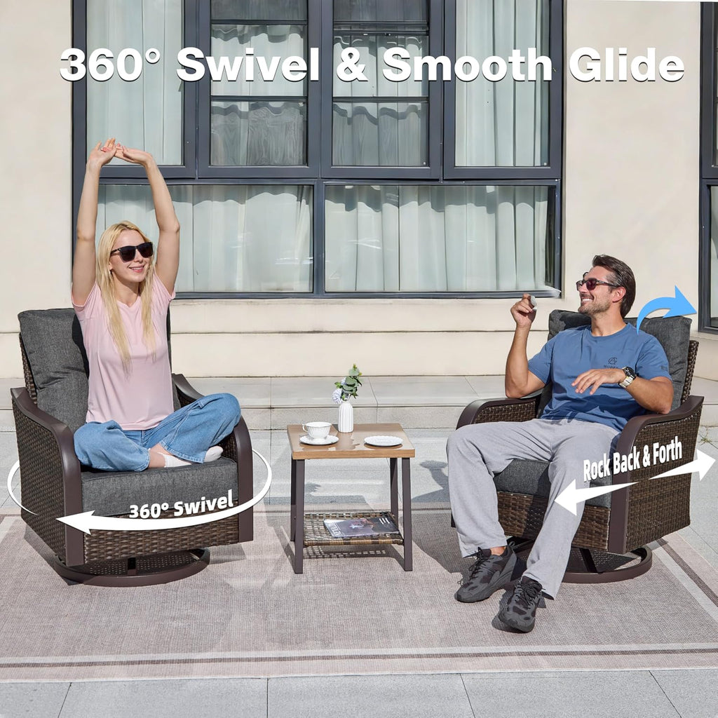 Outdoor Swivel Rocker Chairs, Wicker Swivel Rocking Chairs with 6'' Thick Cushions and Side Coffee Table, 3 Piece Patio Furniture Set for Balcony, Porch, Deck, Poolside, Grey