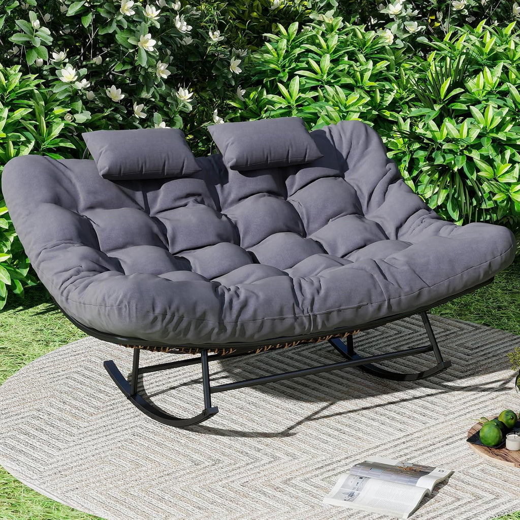 ROCSUMOO Double Outdoor Rocking Papasan Chair, Oversized Rocking Chair for 2-Person, Loveseat Rocker with Soft Cushion & Rattan Frame, Large Lounge for Patio Garden Balcony (Gray)