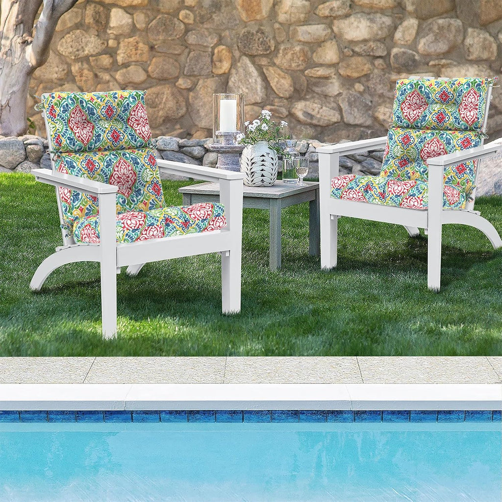 DYTXIII Outdoor High Back Chair Cushions Set of 2, Water Repellent Tufted Rocking Seat Cushions Replacement 44 x 22 Inch, Seat & Back Chair Pads for Patio, Balcony and Indoor Use -Damask Red
