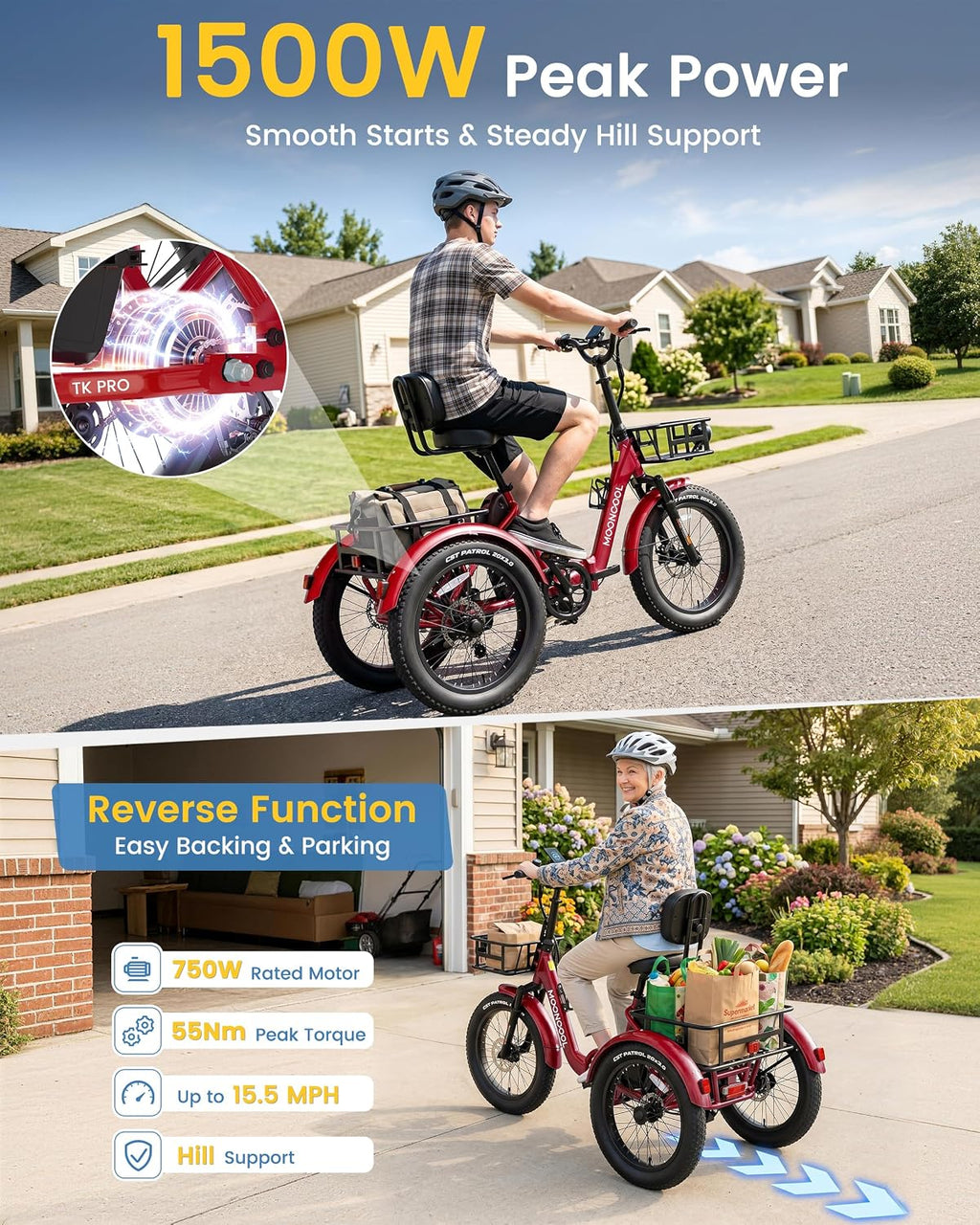 MOONCOOL Electric Trike for Adults, 500W/750W 48V Electric Tricycle for Adults, 20'x3.0' Fat Tire 3 Wheel Electric Bike, Folding Aluminum Adult Tricycle with Removable Battery
