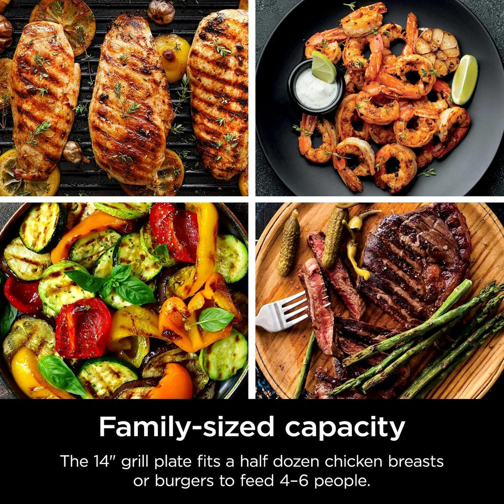 Sizzle GR100 Smokeless Indoor Grill, 500°F High Heat Kitchen Grill with Nonstick 14-Inch Plate, Low-Smoke Technology, Edge-to-Edge Heating, Family-Sized Capacity, Countertop Cooking Tool.