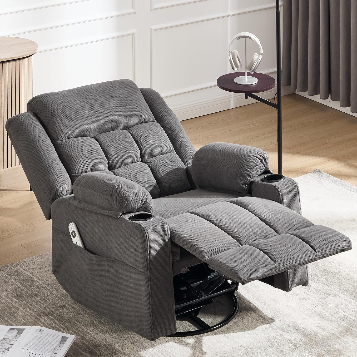 Ketaiyou Swivel Rocker Recliner Chair for Adults with Massage and Heat, Cup Holders and Side Pockets, Glider Rocking Reclining Single Sofa Chair for Living Room(DK Grey)
