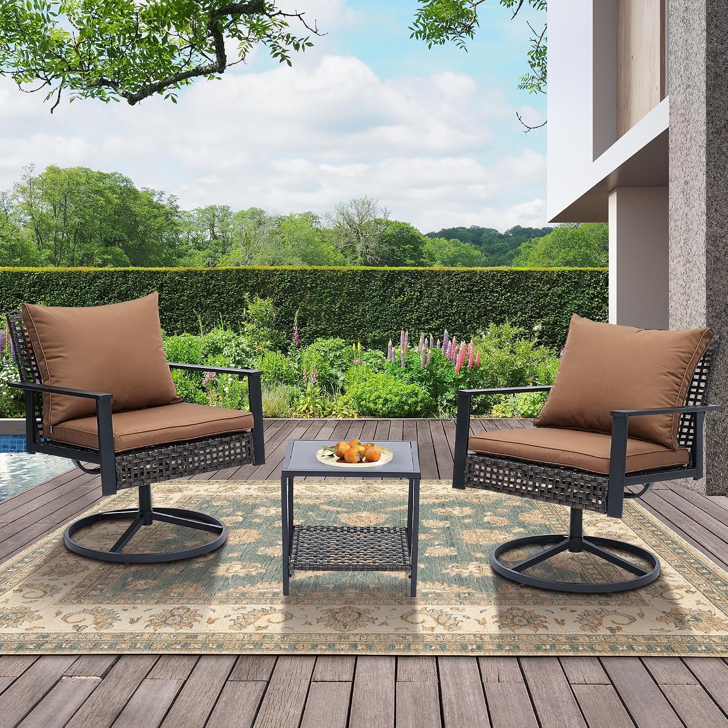 GDY Outdoor Patio Swivel Rocking Chairs Set, Patio Porch Furniture with Thick Cushions, 3 Pieces Outdoor Bistro Set with Rattan Side Table, Loading capacity 440LBS, for Garden, Porch, Poolside, Brown.