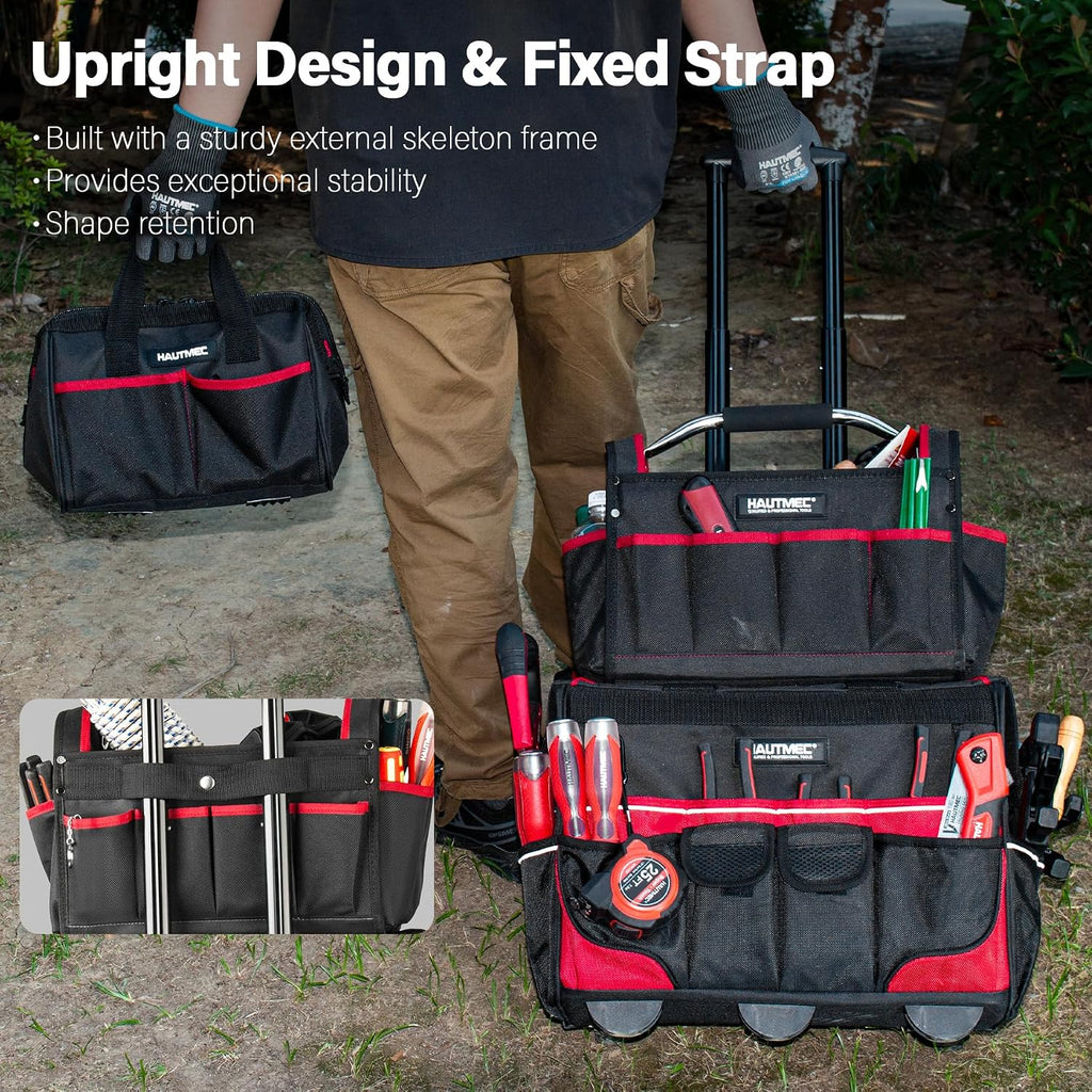 HAUTMEC 3-Piece Rolling Tool Bag Set, 18' Wheeled Tool Bag, 15' Open Top Tool Tote & 12' Wide Mouth Small Bag, Heavy-Duty 1680D Water-Resistant Tool Storage with Off-Road Wheel & Telescoping Handle
