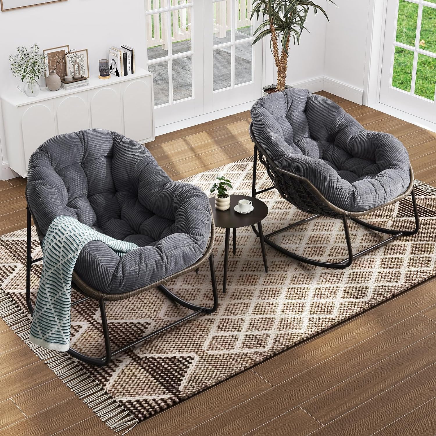 Oversized Indoor Rocking Chair Set of 2, Comfy Corduroy Rocking Papasan Chair with Thick Cushion and Frame, Large Wicker Rocker Egg Chair Reading Chair for Living Room,Bedroom,Lounge, Dark Grey