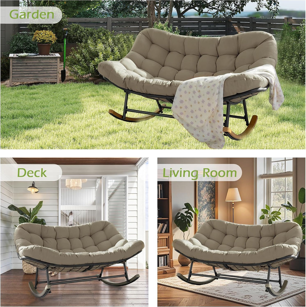 Double Papasan Rocking Chair Outdoor & Indoor, 660LBS Capacity Oversized Patio Rocking Chair for 2-Person with Thick Cushion and Frame,Egg Rocking Chair for Garden, Deck, Living Room,Brown