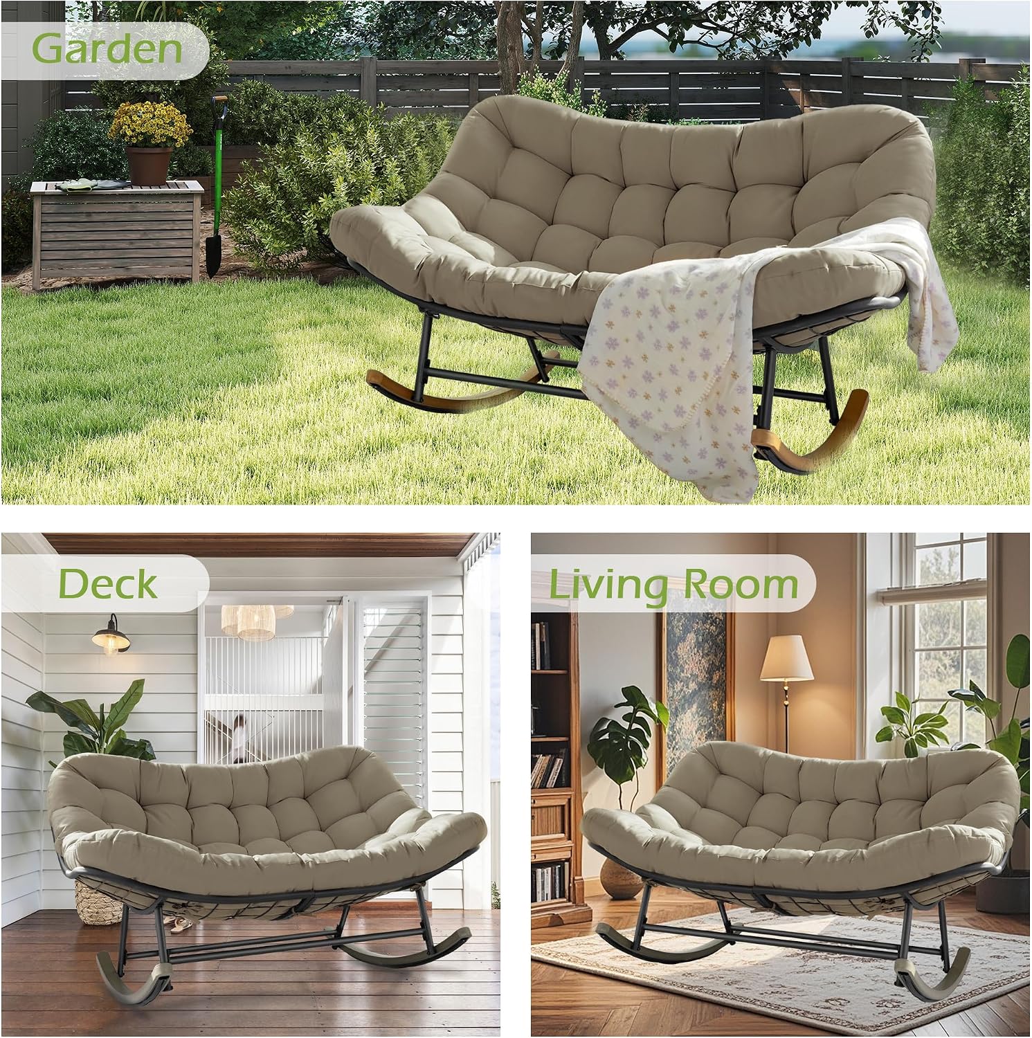 Double Papasan Rocking Chair Outdoor & Indoor, 660LBS Capacity Oversized Patio Rocking Chair for 2-Person with Thick Cushion and Frame,Egg Rocking Chair for Garden, Deck, Living Room,Brown