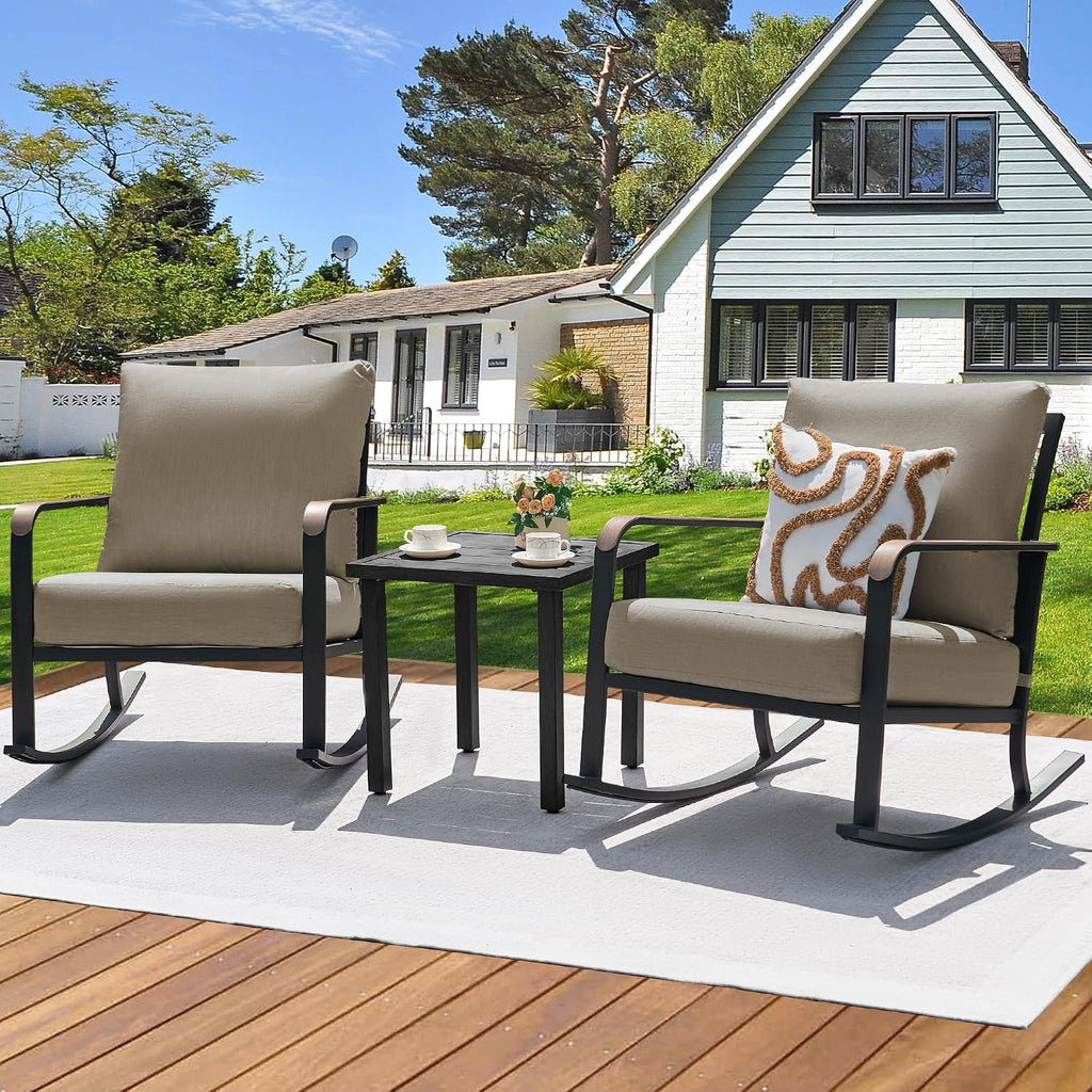 NATURAL EXPRESSIONS 3-Piece Patio Bistro Rocking Set,Outdoor Rocking Chairs with 350lb Capacity, Thick 5.5' Olefin Cushions and Metal Coffee Table for Balcony, Porch, Backyard