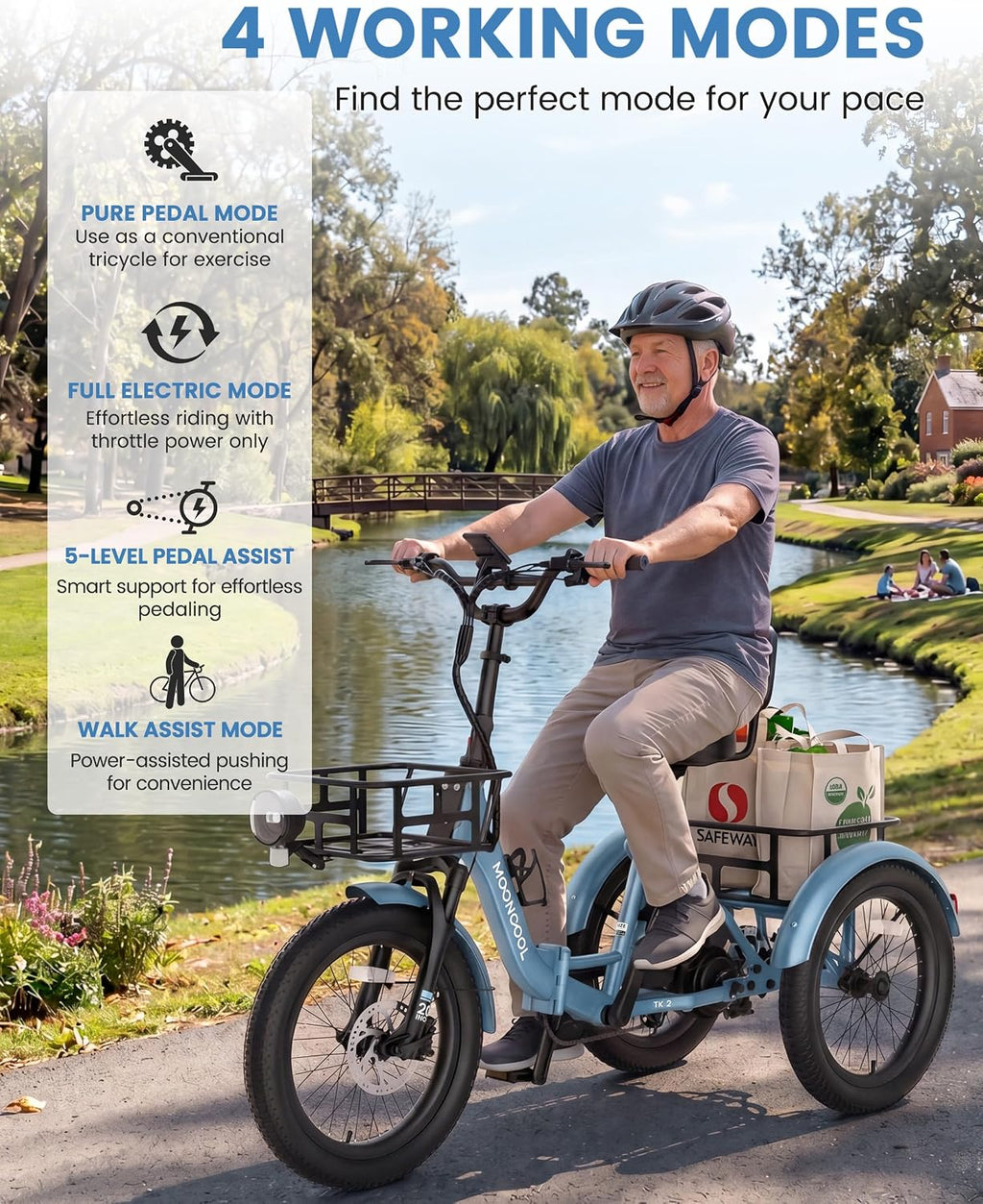MOONCOOL Electric Trike for Adults, 500W/750W 48V Electric Tricycle for Adults, 20'x3.0' Fat Tire 3 Wheel Electric Bike, Folding Aluminum Adult Tricycle with Removable Battery