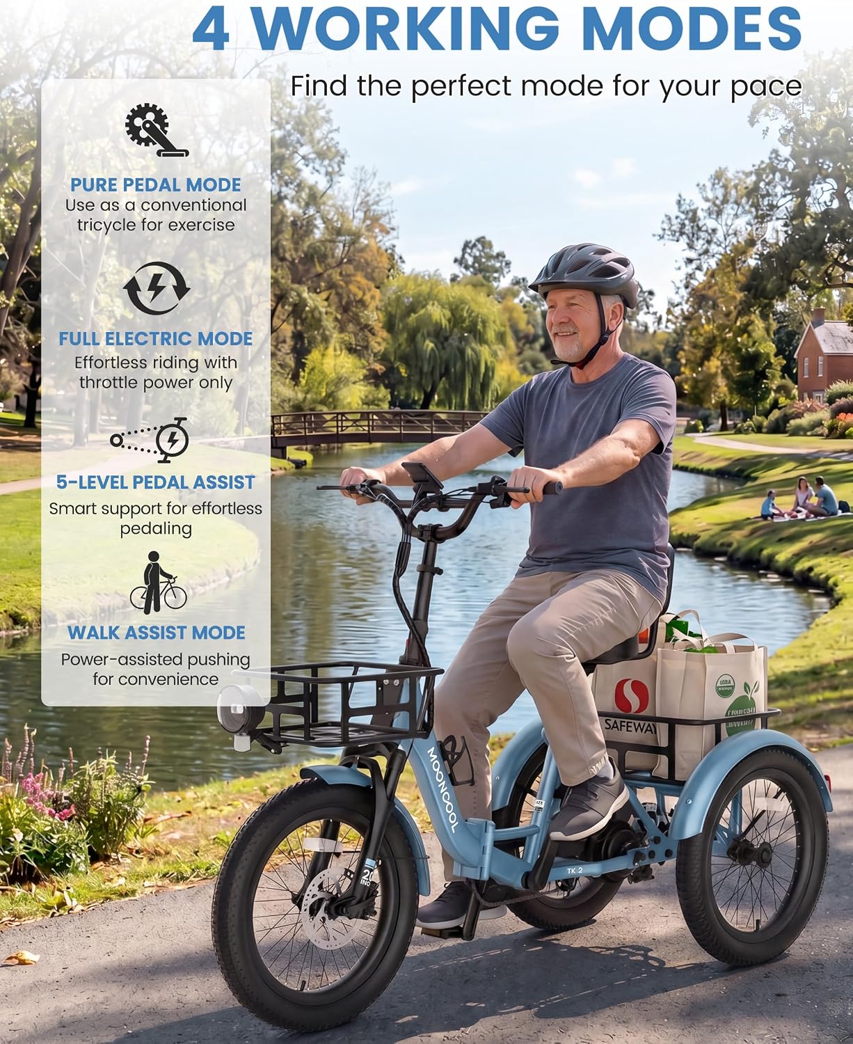 MOONCOOL Electric Trike for Adults, 500W/750W 48V Electric Tricycle for Adults, 20'x3.0' Fat Tire 3 Wheel Electric Bike, Folding Aluminum Adult Tricycle with Removable Battery