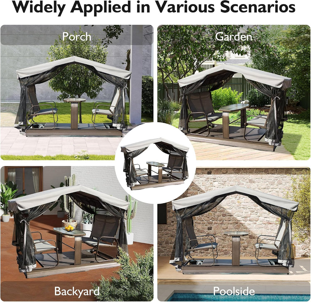 Domi 4-Seat Outdoor Glider Bench with Canopy, 800lbs Capacity Aluminum Rocking Chair with Zippered Mesh & Tempered Glass Table, Heavy Duty Outdoor Swing Chair for Patio, Backyard, Poolside