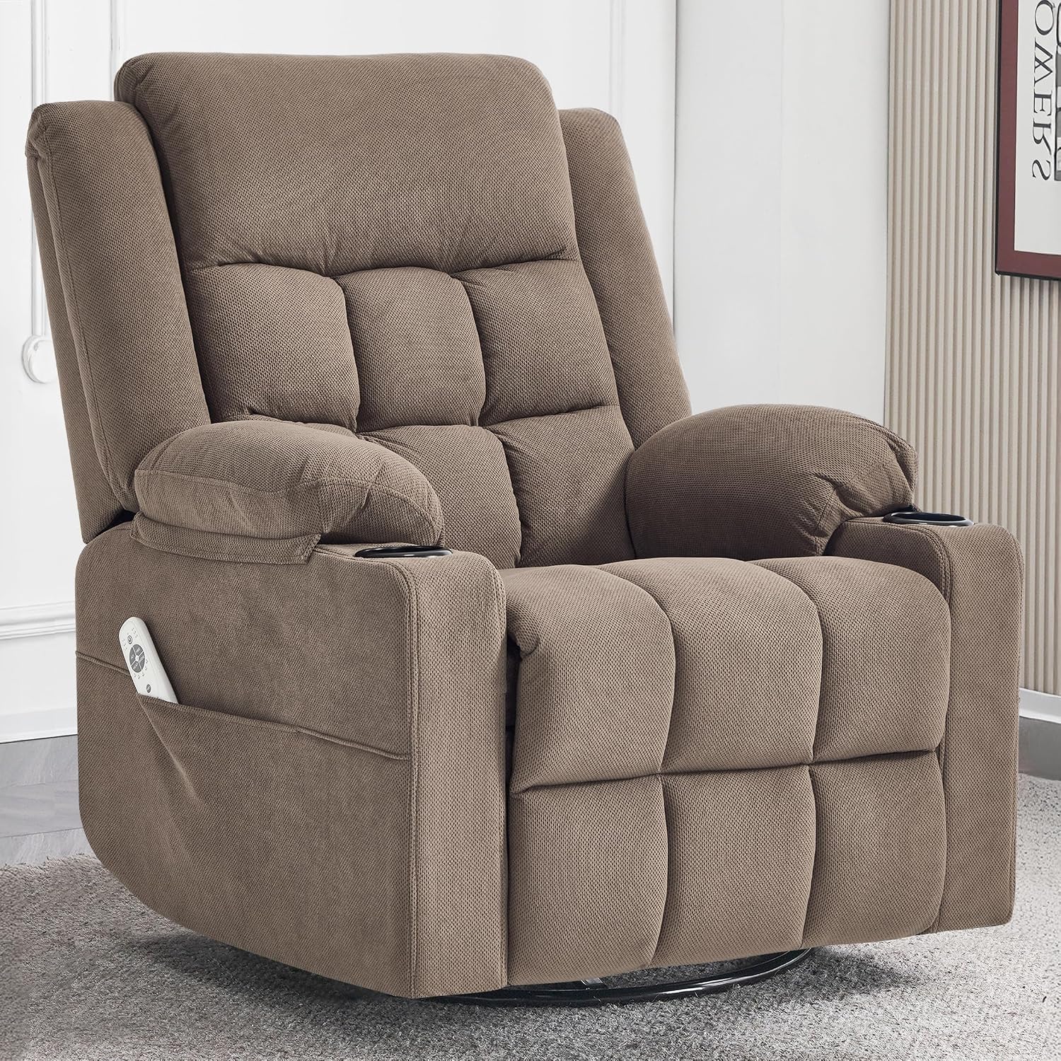 Ketaiyou Swivel Rocker Recliner Chair for Adults with Massage and Heat, Cup Holders and Side Pockets, Glider Rocking Reclining Single Sofa Chair for Living Room (Coffee)