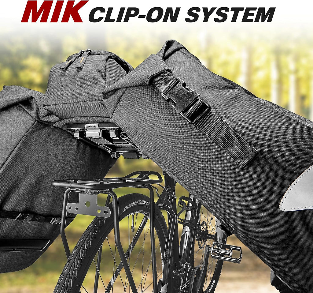 Ibera Bike Bag MIK Panniers 52.7L for Ebikes - Clip-On bike Bags For Bicycles with Built-in Battery Holder & Rain Cover - Water-Resistant Bike Rack Bag with Reflective Trim - ONLY FOR MIK RACKS