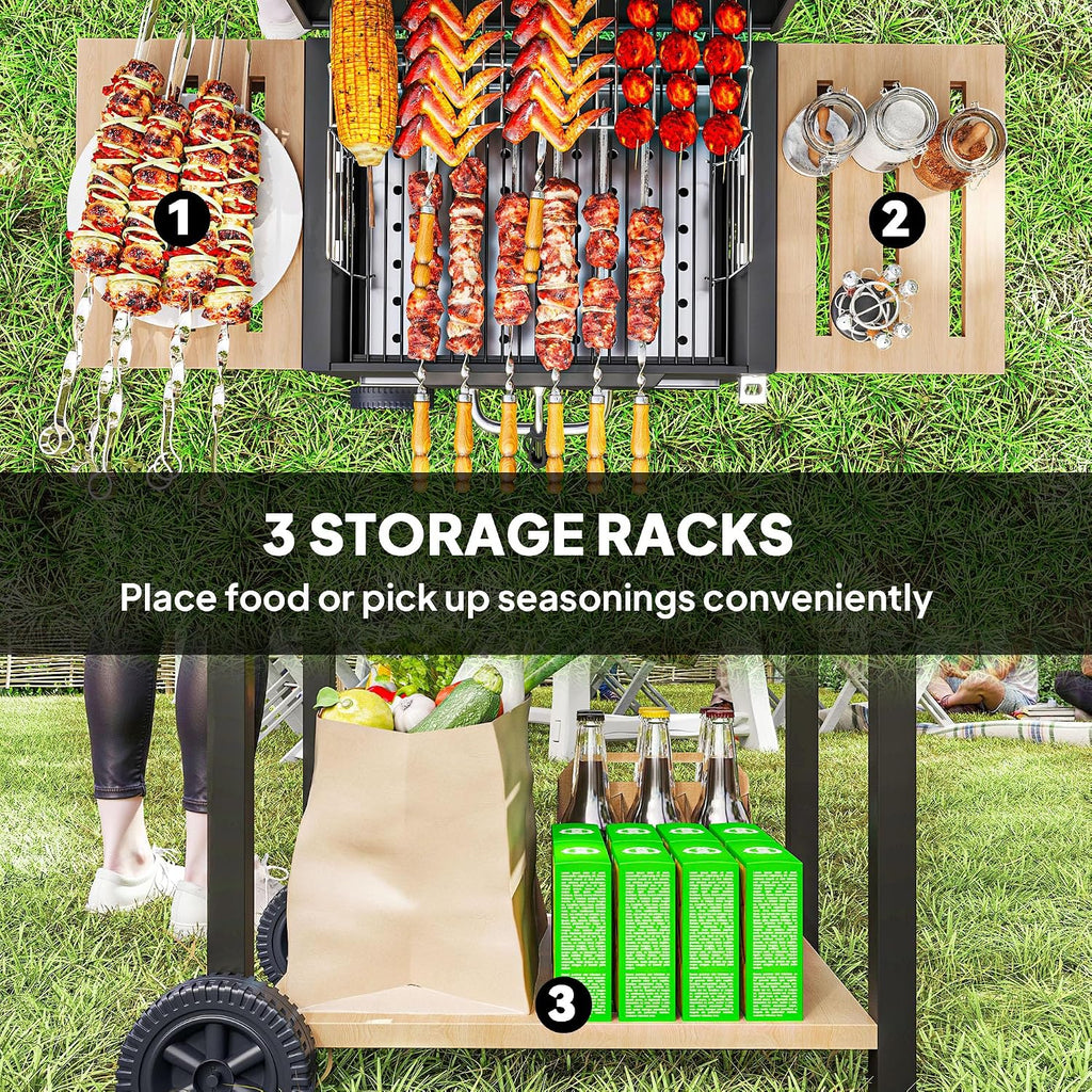 Portable Charcoal Grill with Adjustable Vents & Thermometer – 44' Heavy-Duty BBQ Grill with 3-Level Charcoal Pan, Wheels & Side Shelves – Backyard/Camping Grill (Black/Nature Wood)